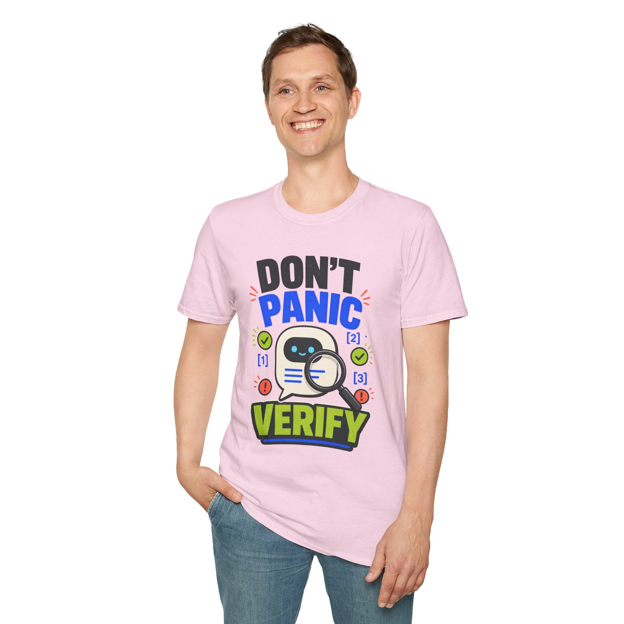 Don't Panic Verify T‑Shirt — Cute Robot Security Humor Tee for Techies