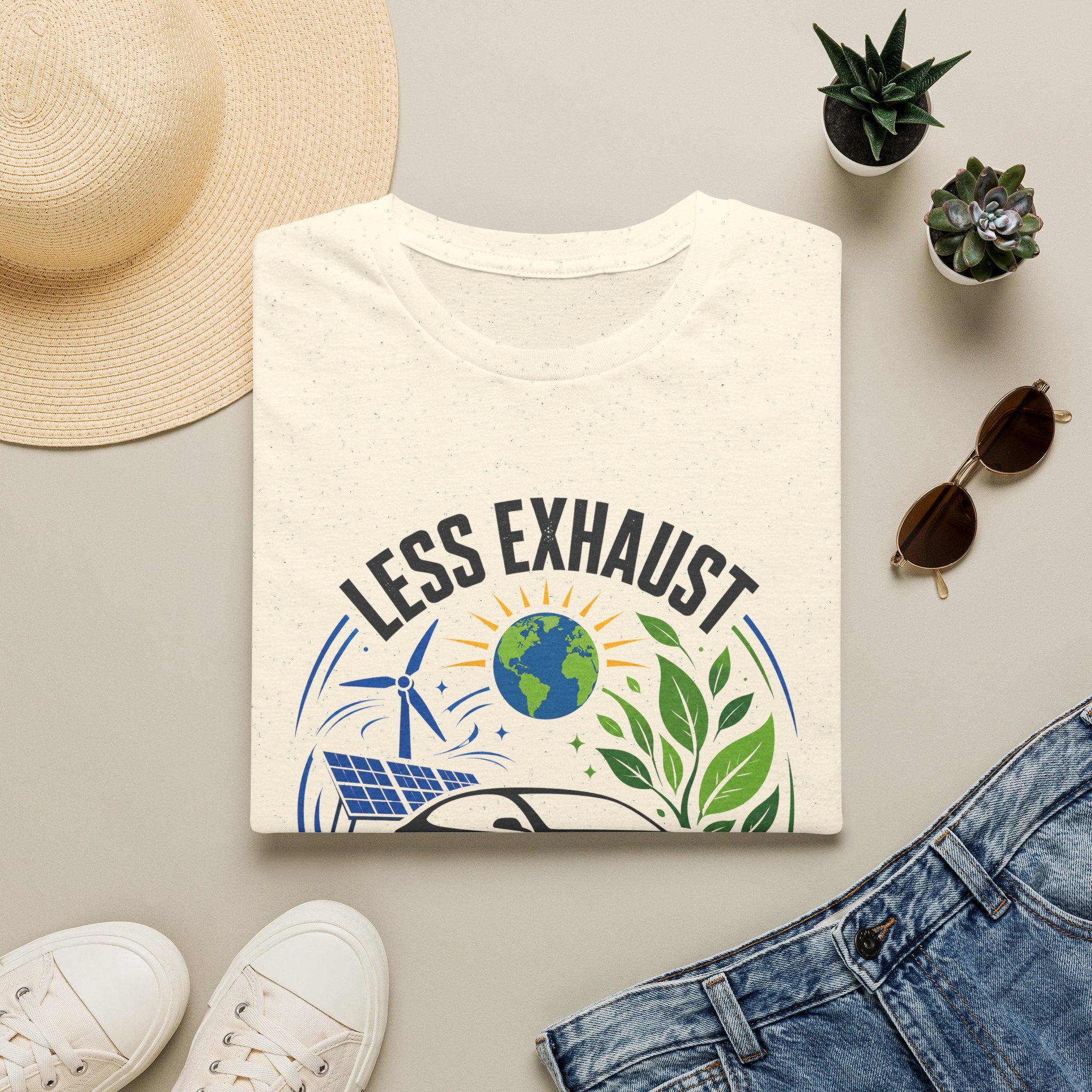 Eco-Friendly Tee — "Less Exhaust, More Earth" Environmental Graphic Shirt