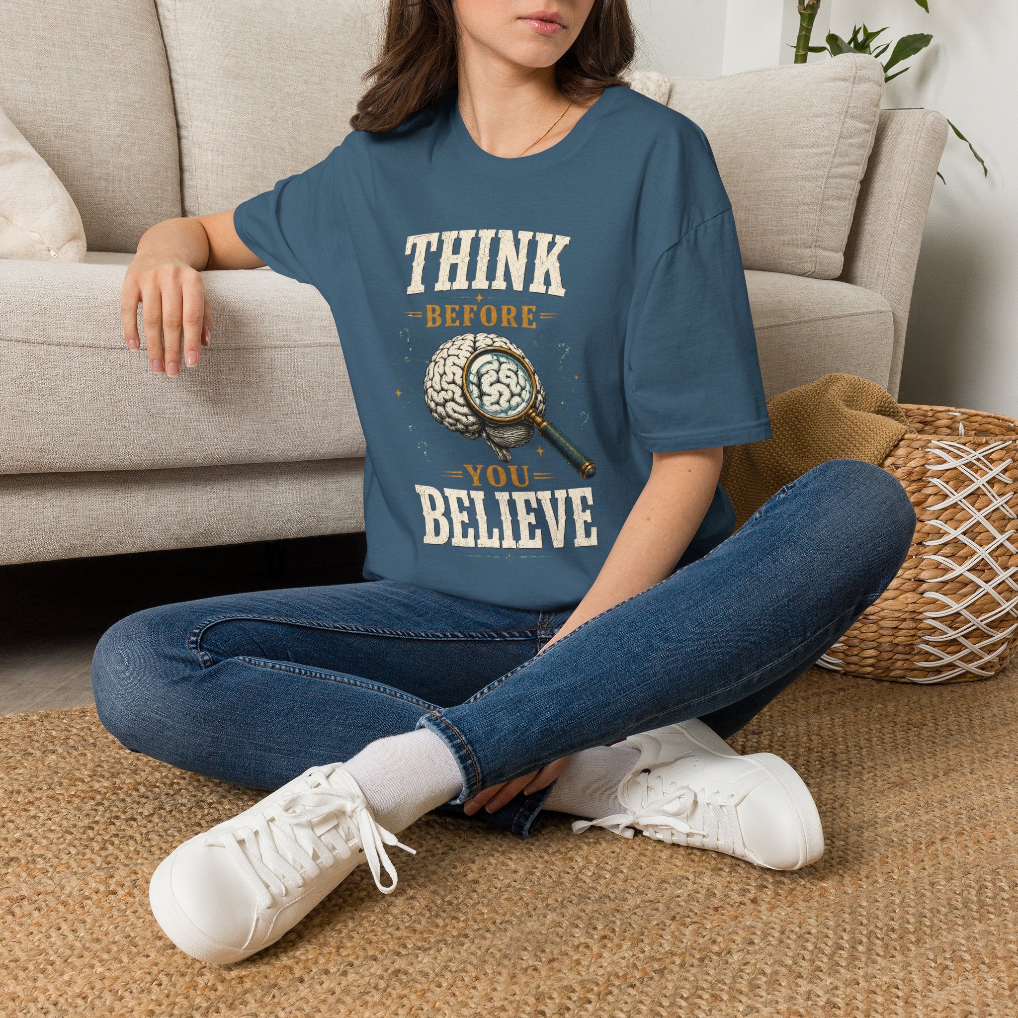 Think Before You Believe T-Shirt — Vintage Brain Graphic Tee