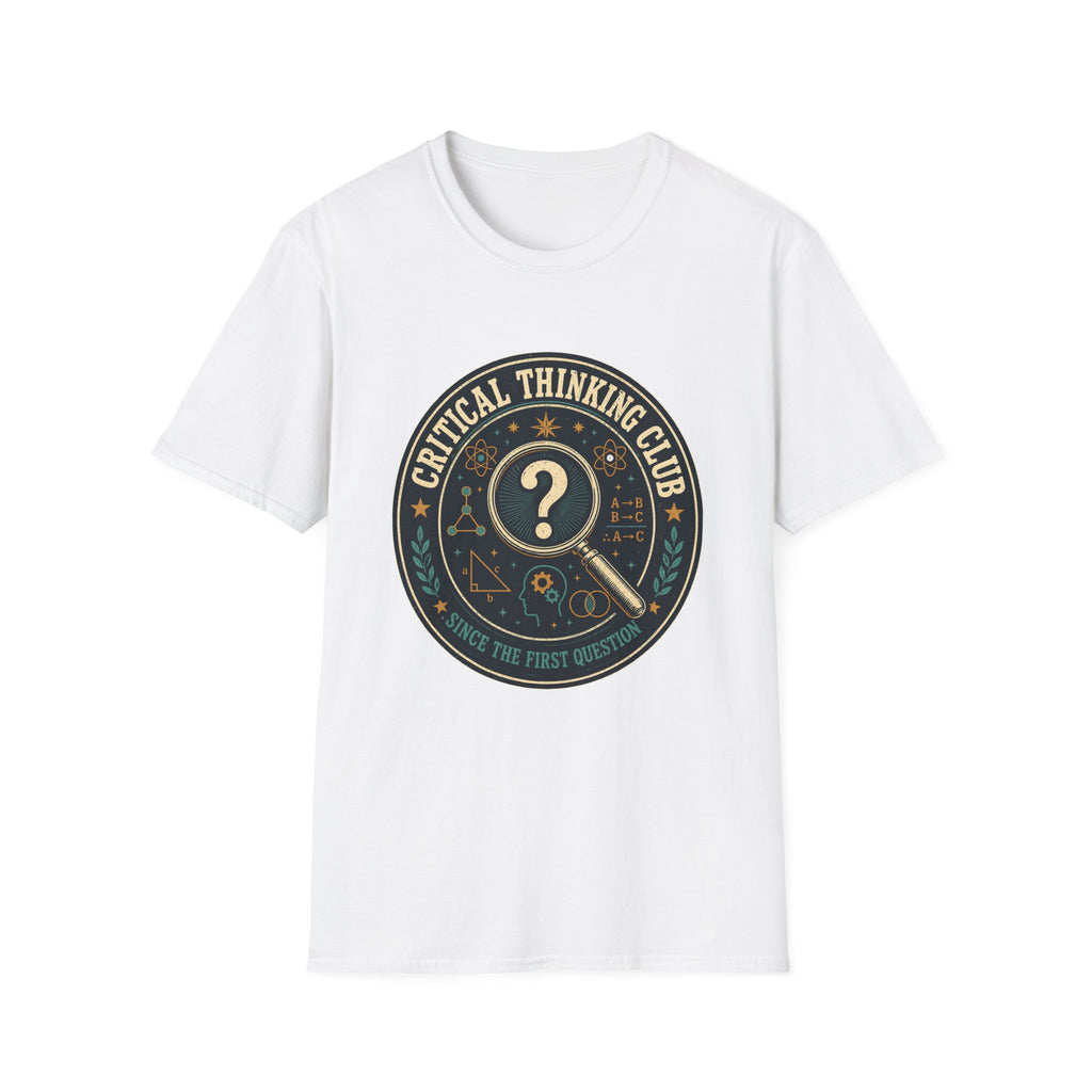 Critical Thinking Club T-Shirt – Vintage Magnifying Glass Design (Since The First Question)