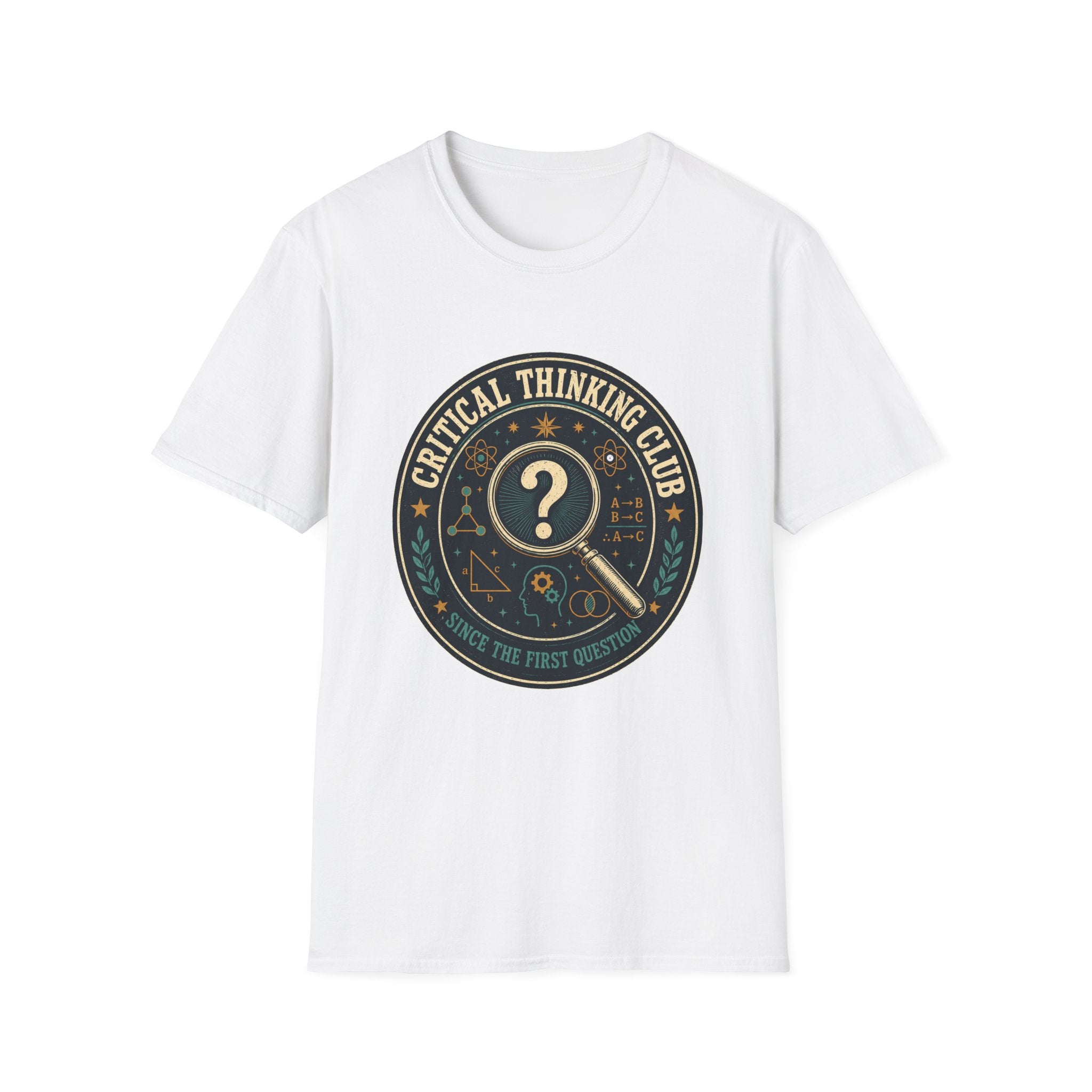 Critical Thinking Club T-Shirt – Vintage Magnifying Glass Design (Since The First Question)