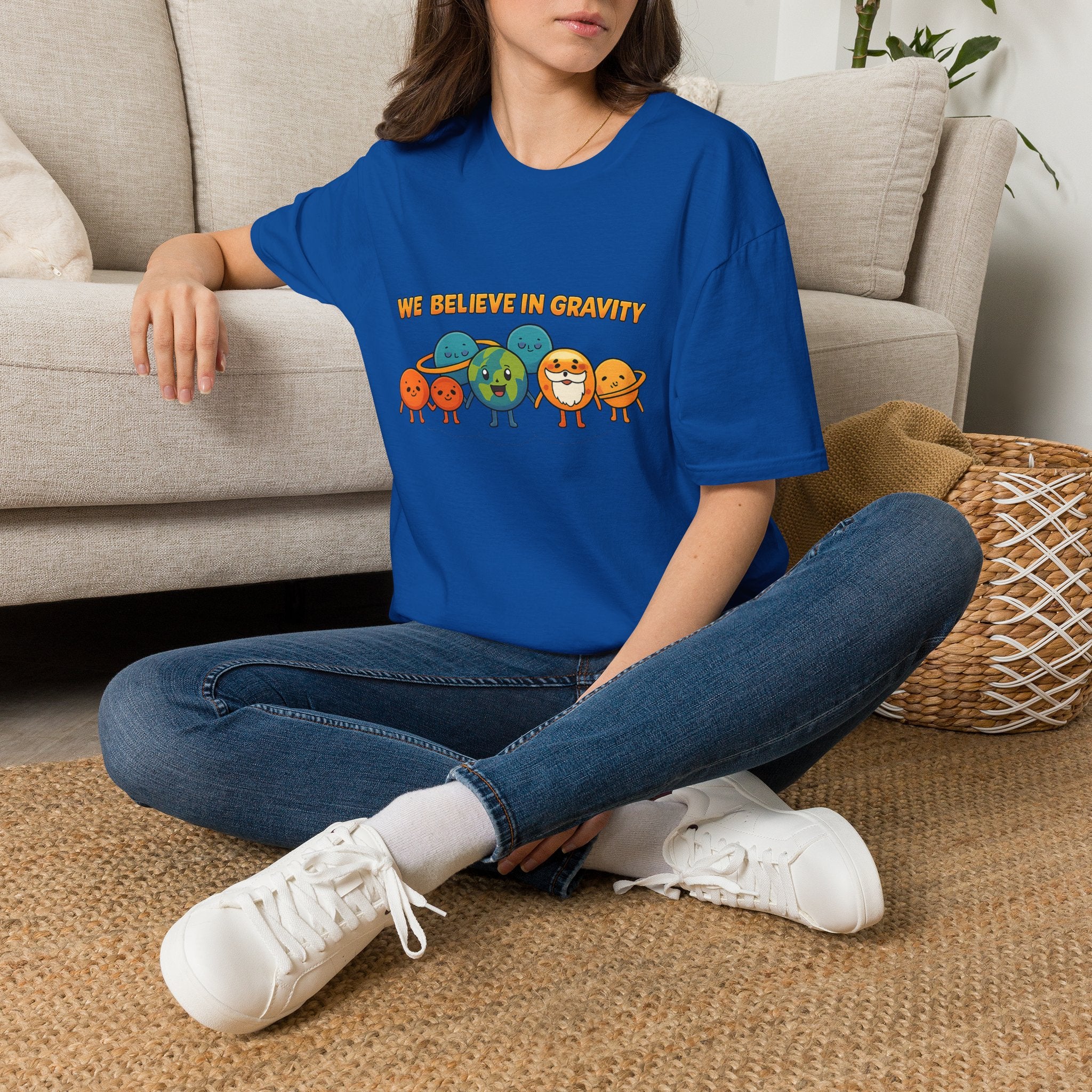 Cute Planetary Cartoon "We Believe in Gravity" Tee