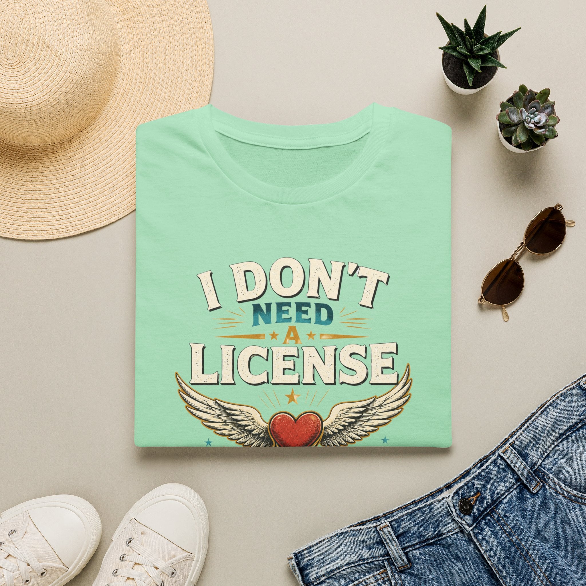 "I Don't Need a License to Love" Vintage Heart & Wings Design