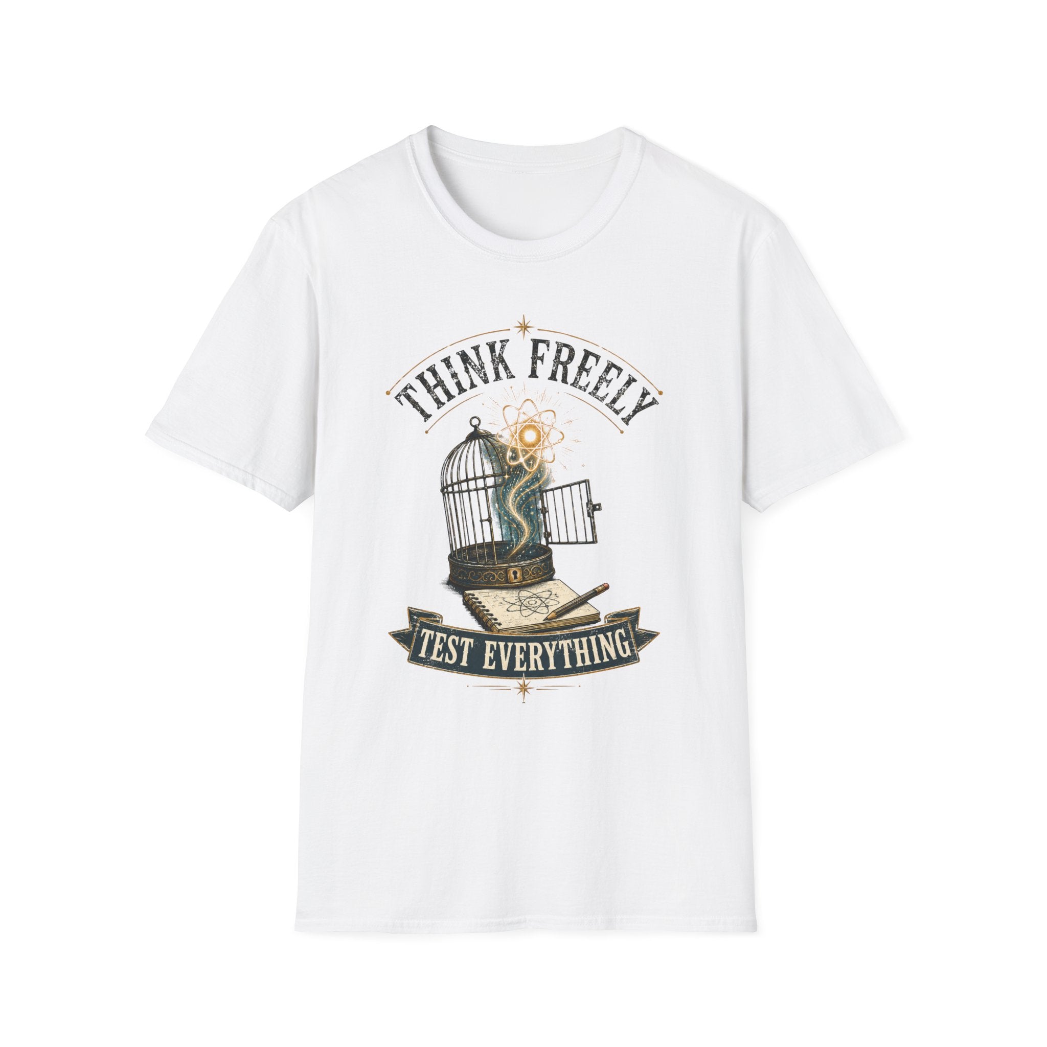Think Freely T-Shirt — 'Test Everything' Inspirational Cage & Book Graphic Tee