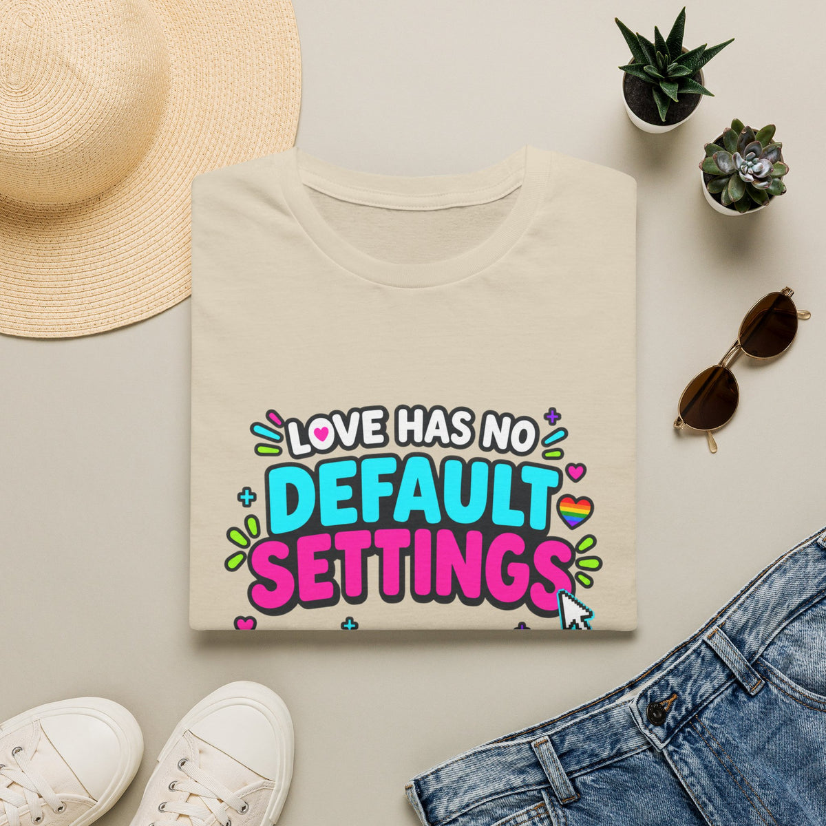 "Love Has No Default Settings" Bright LGBTQ+ Pride Graphic Tee