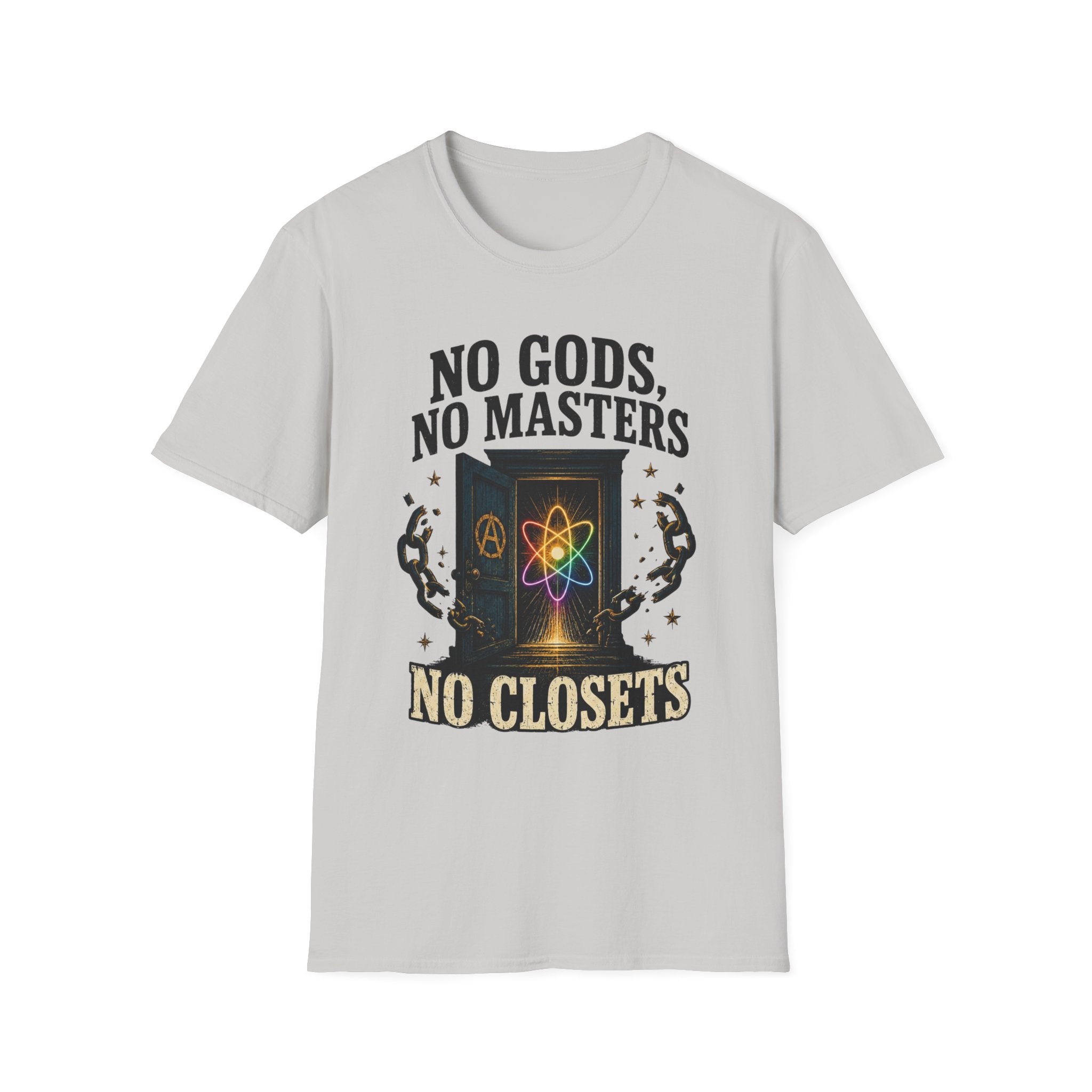 "No Gods, No Masters, No Closets" Atheist & LGBTQ+ Pride Graphic Tee