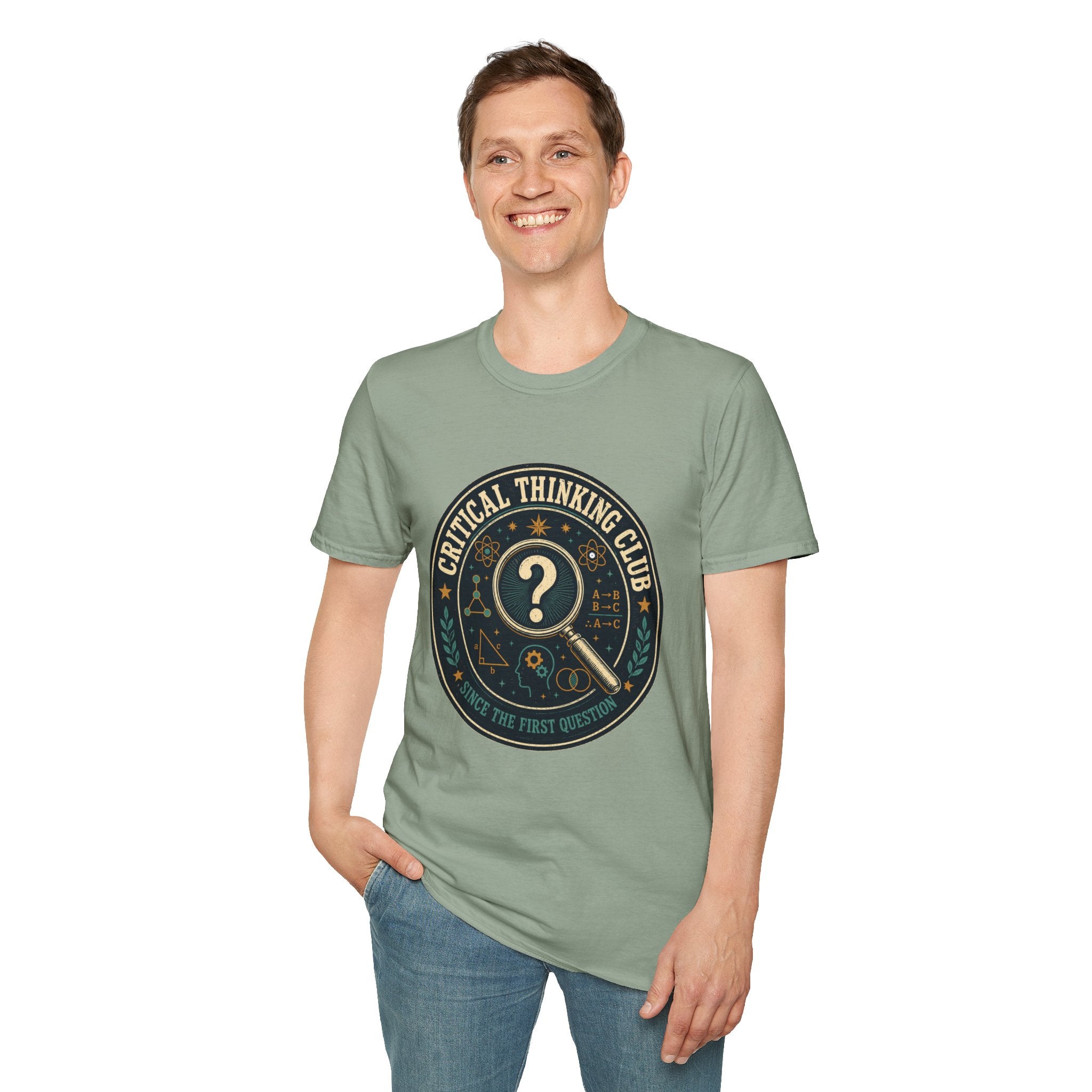 Critical Thinking Club T-Shirt – Vintage Magnifying Glass Design (Since The First Question)