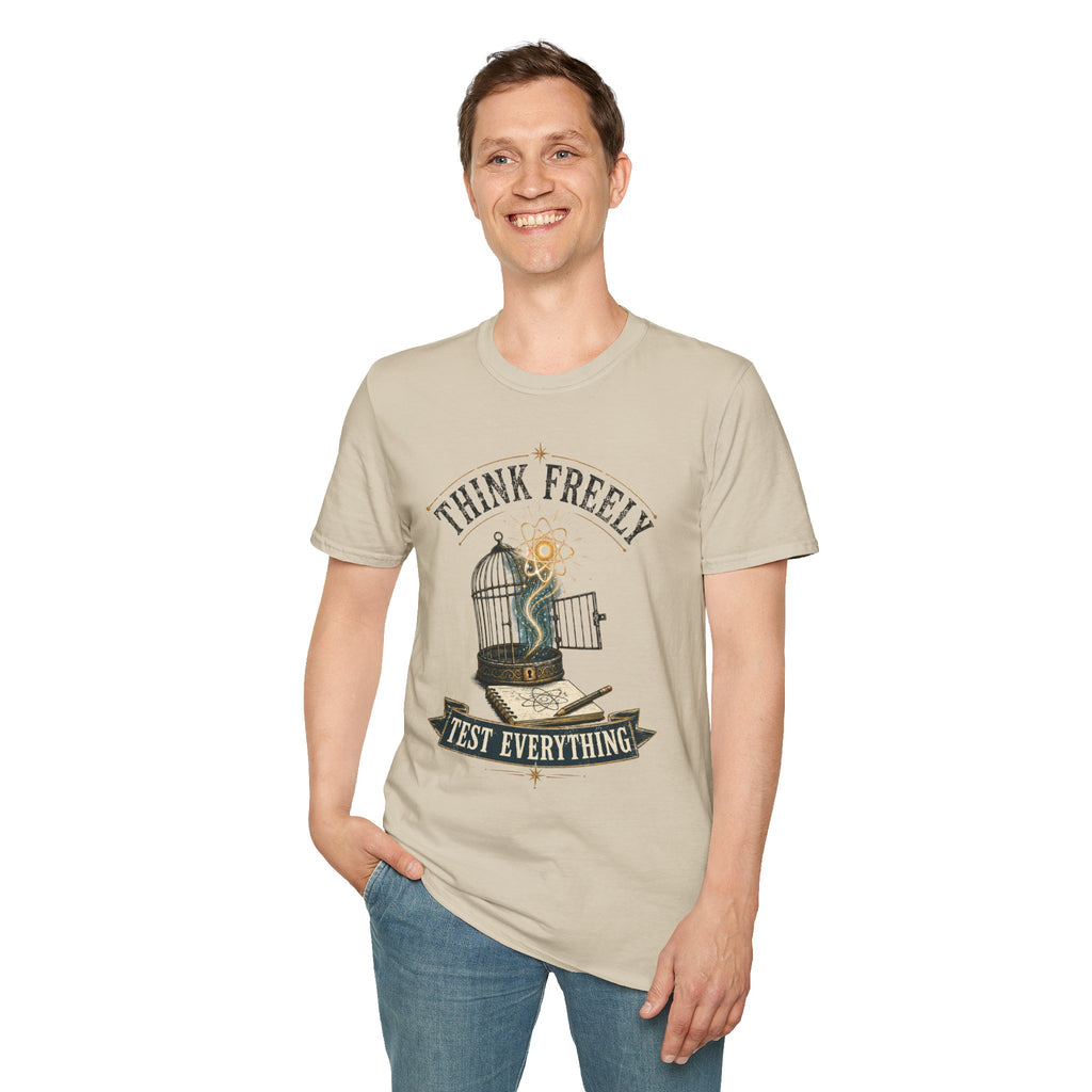 Think Freely T-Shirt — 'Test Everything' Inspirational Cage & Book Graphic Tee