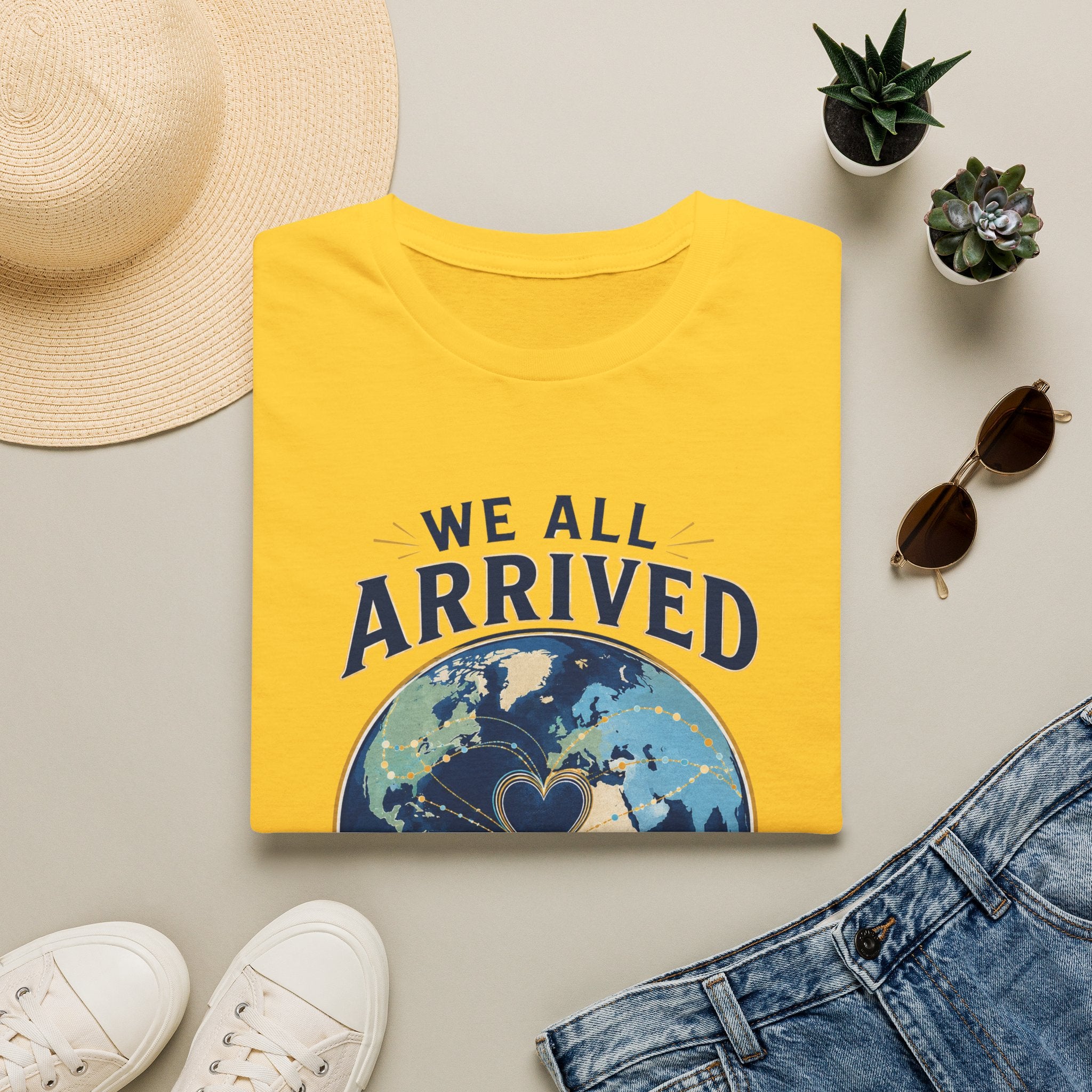 T-Shirt — "We All Arrived From Somewhere" Earth Graphic Tee (Travel & Unity)