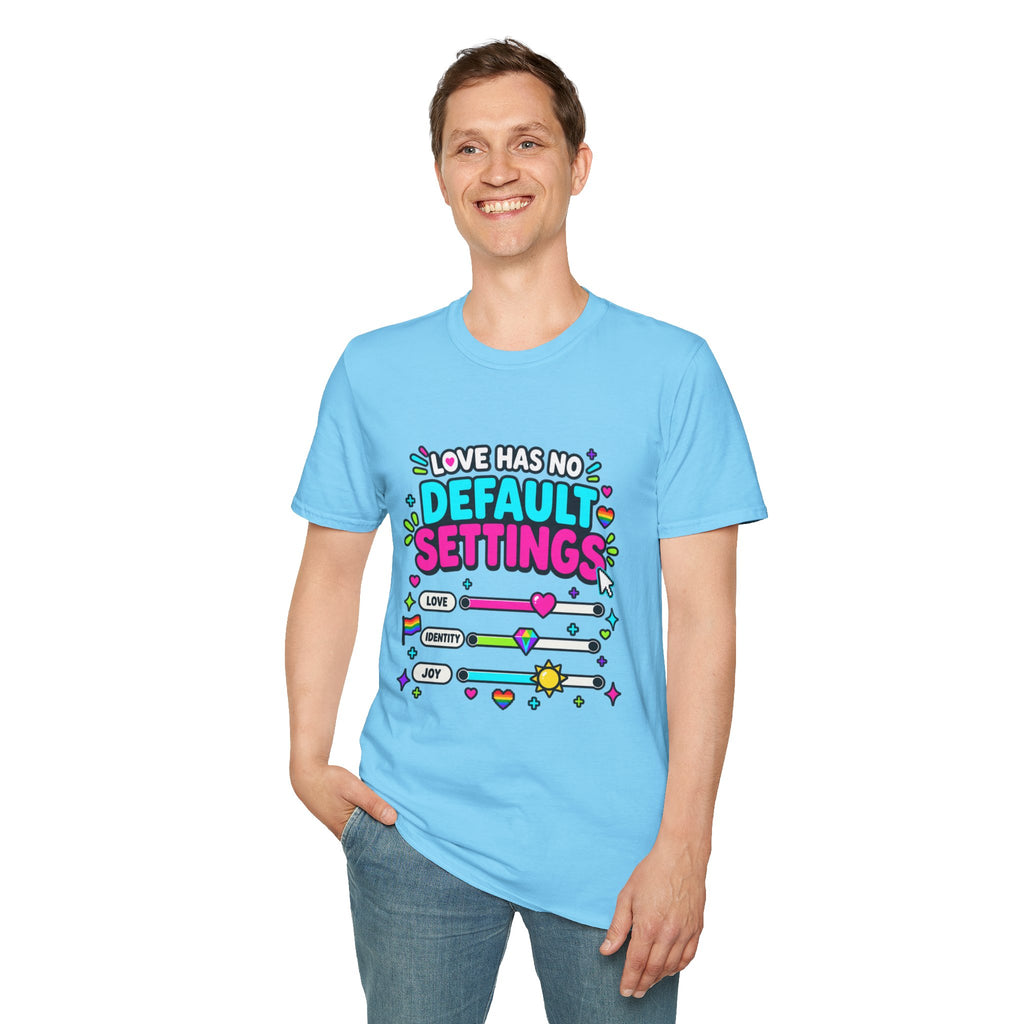 "Love Has No Default Settings" Bright LGBTQ+ Pride Graphic Tee