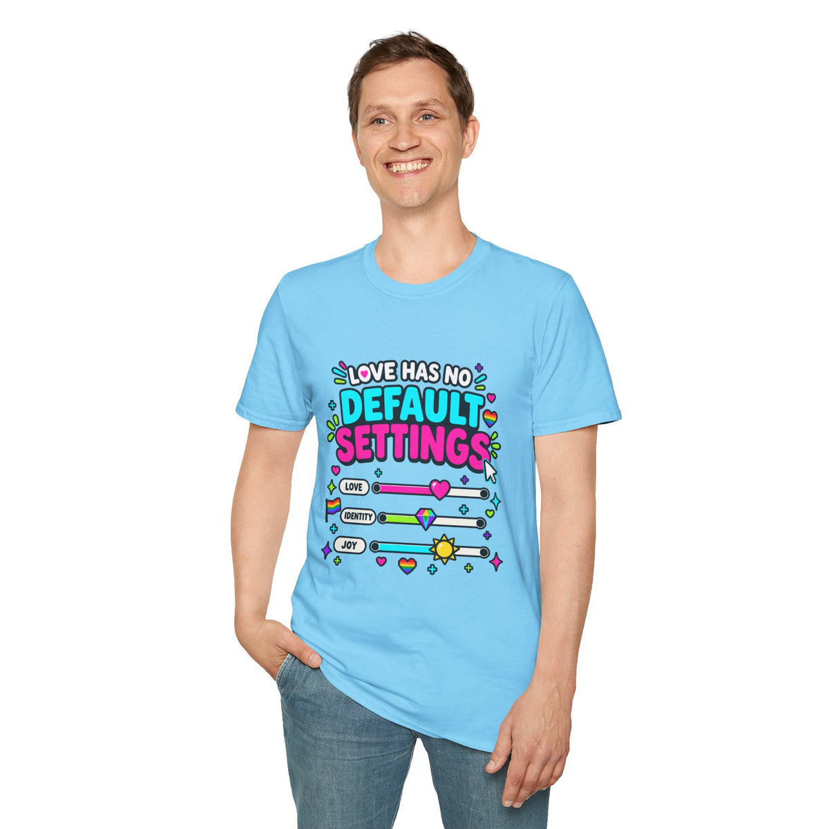"Love Has No Default Settings" Bright LGBTQ+ Pride Graphic Tee