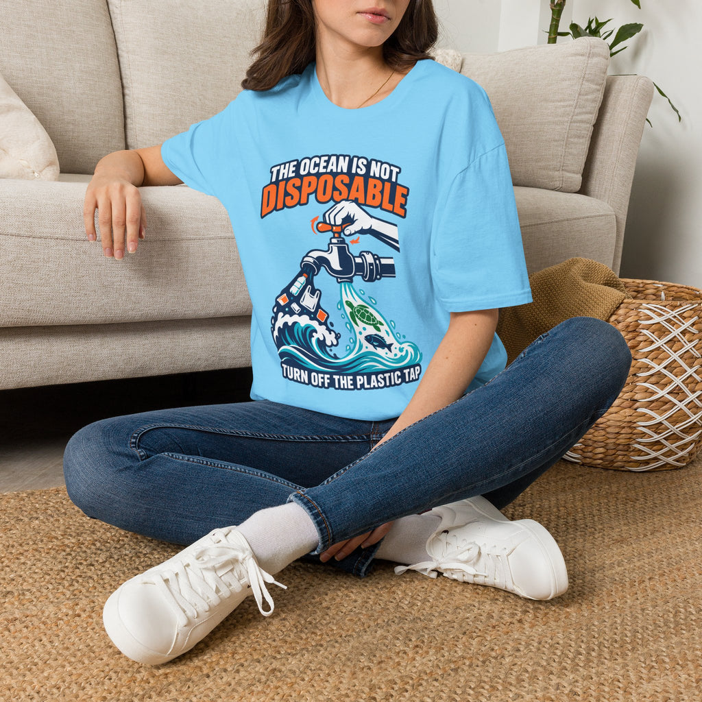 Ocean Conservation T-Shirt — "The Ocean Is Not Disposable" Plastic Tap Graphic
