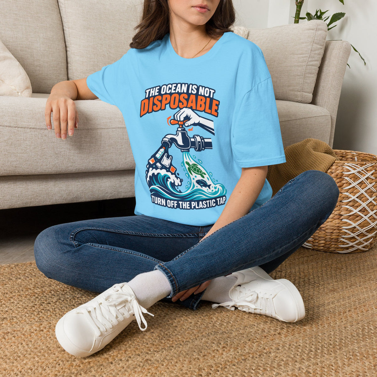 Ocean Conservation T-Shirt — "The Ocean Is Not Disposable" Plastic Tap Graphic