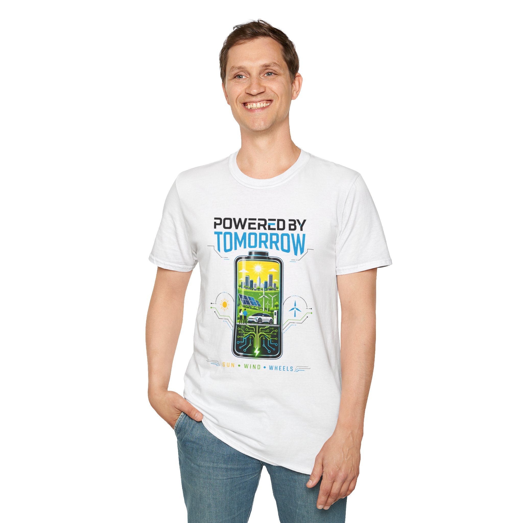 Powered By Tomorrow T‑Shirt — Eco Future Renewable Energy Graphic Tee