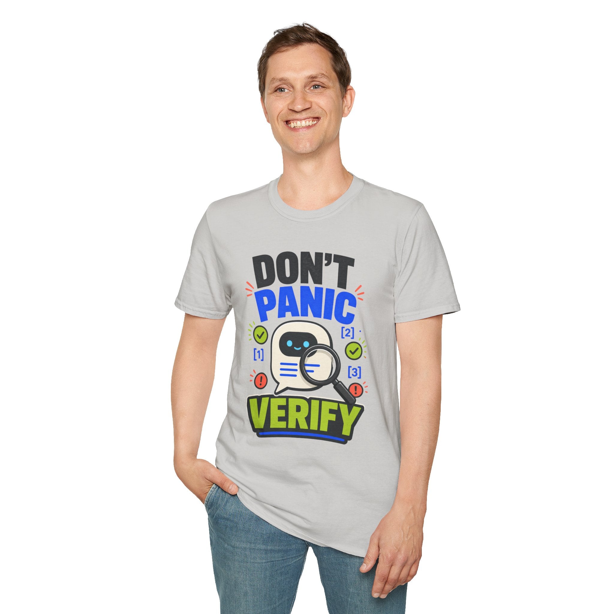Don't Panic Verify T‑Shirt — Cute Robot Security Humor Tee for Techies