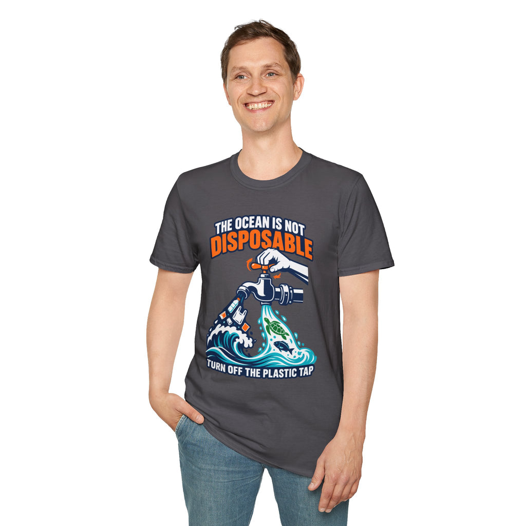Ocean Conservation T-Shirt — "The Ocean Is Not Disposable" Plastic Tap Graphic