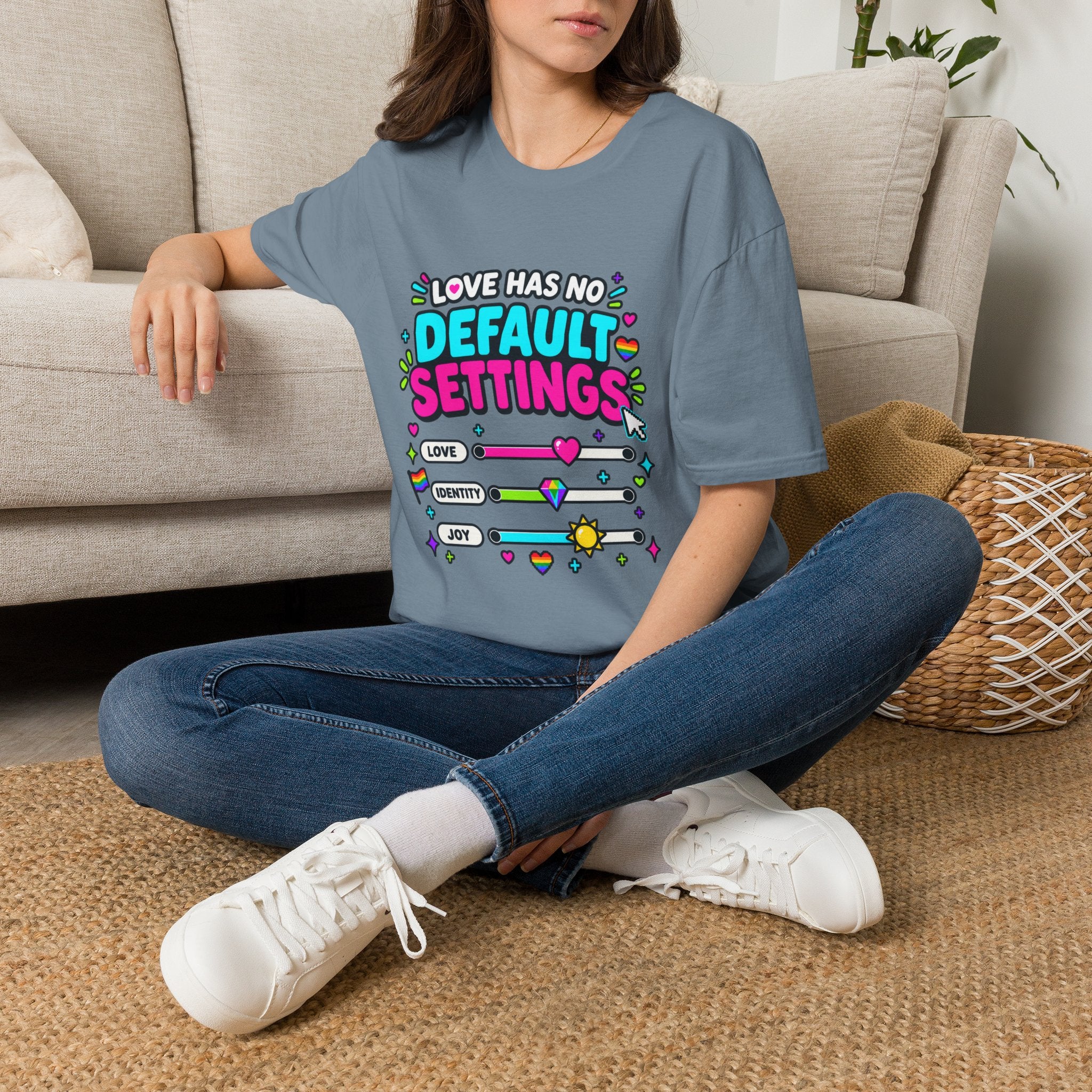 "Love Has No Default Settings" Bright LGBTQ+ Pride Graphic Tee