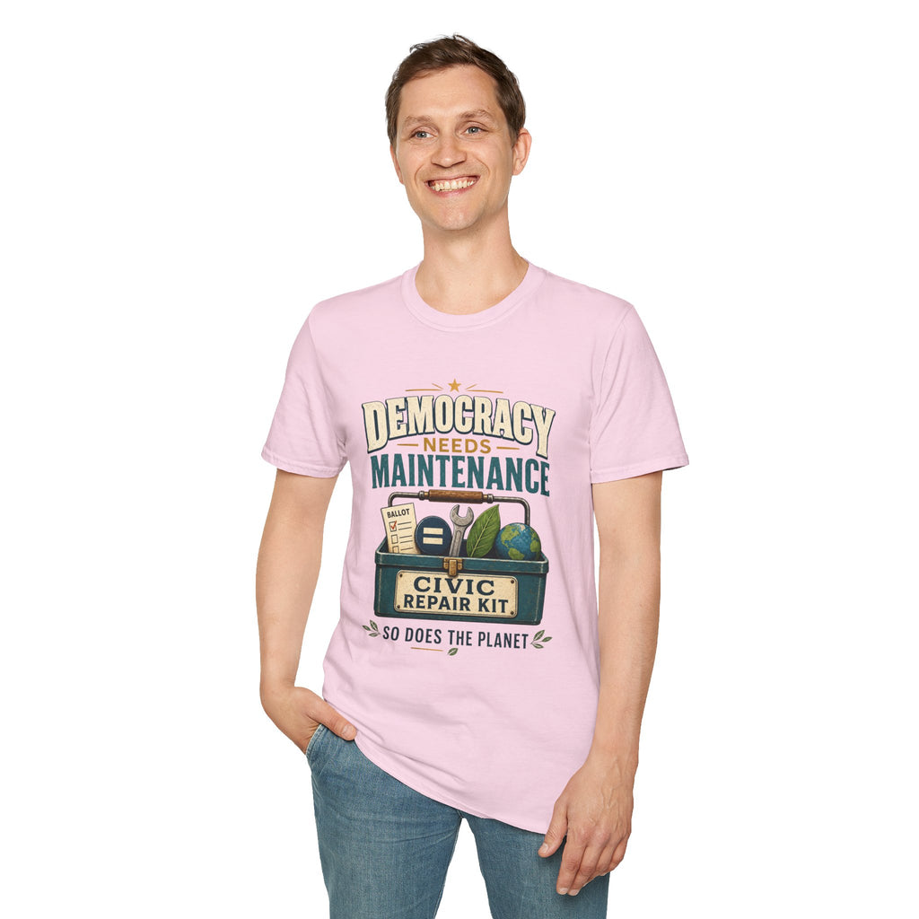 Democracy Needs Maintenance T-Shirt — Civic Repair Kit Tee