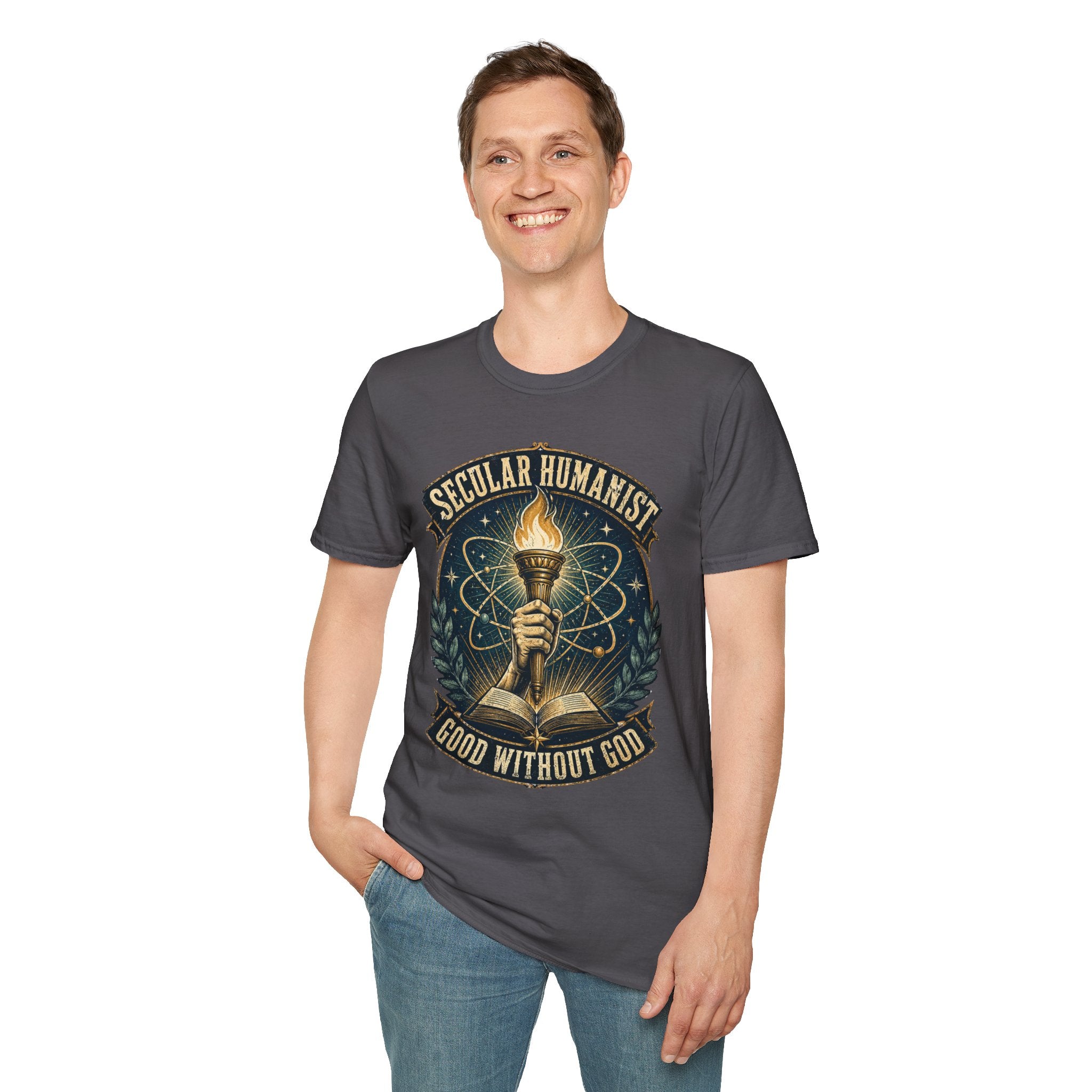 Secular Humanist T-Shirt — "Good Without God" Torch Graphic