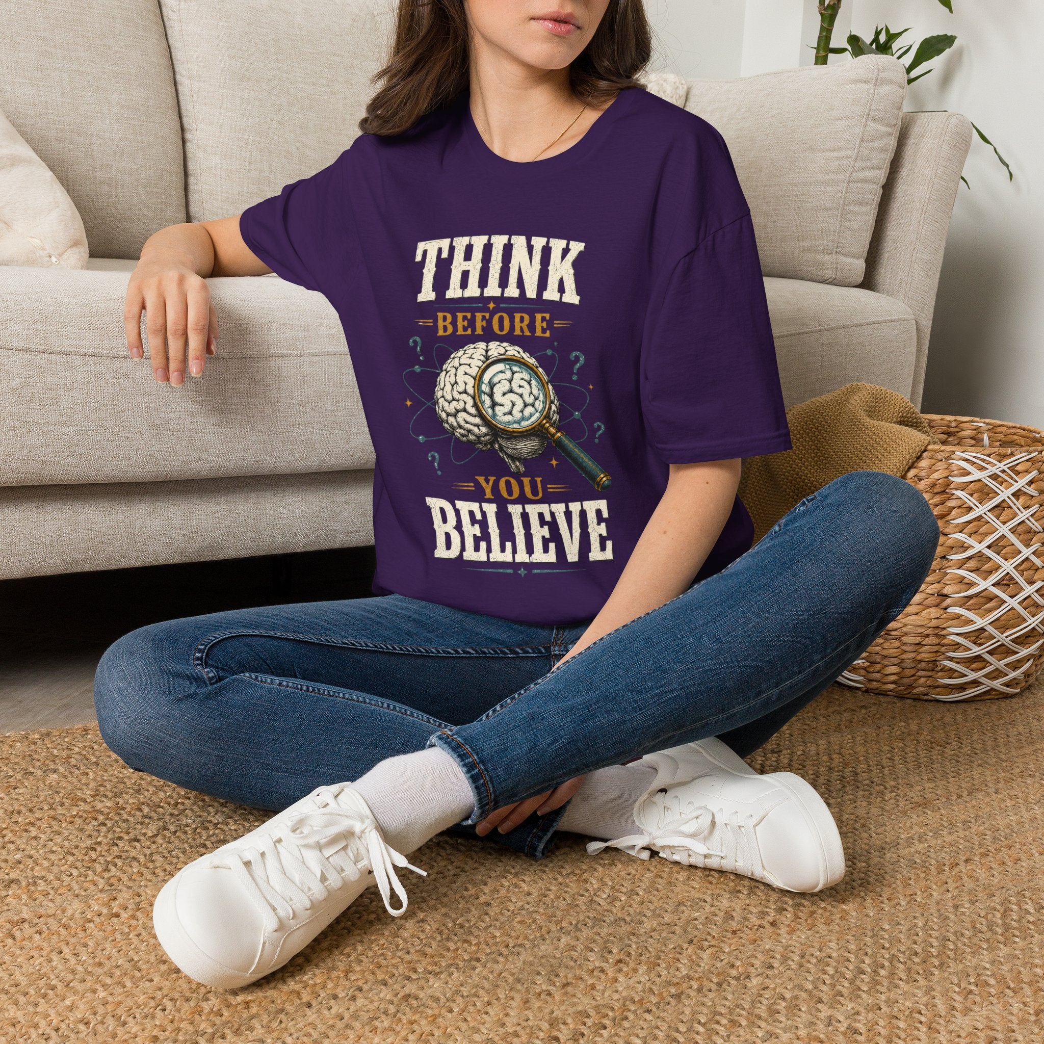 Think Before You Believe T-Shirt — Vintage Brain Graphic Tee