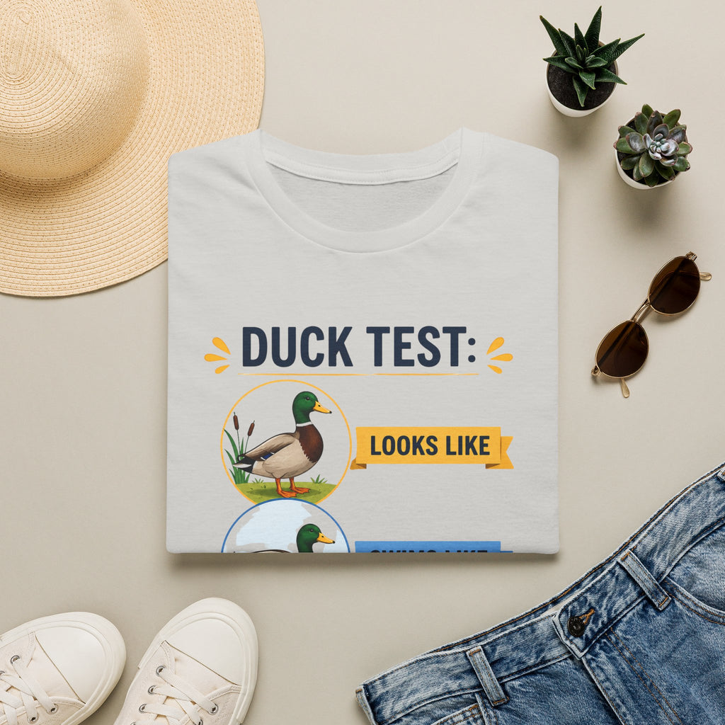 Duck Test T-Shirt — Funny “Looks Like, Swims Like, Quacks Like” Graphic Tee for Duck Lovers