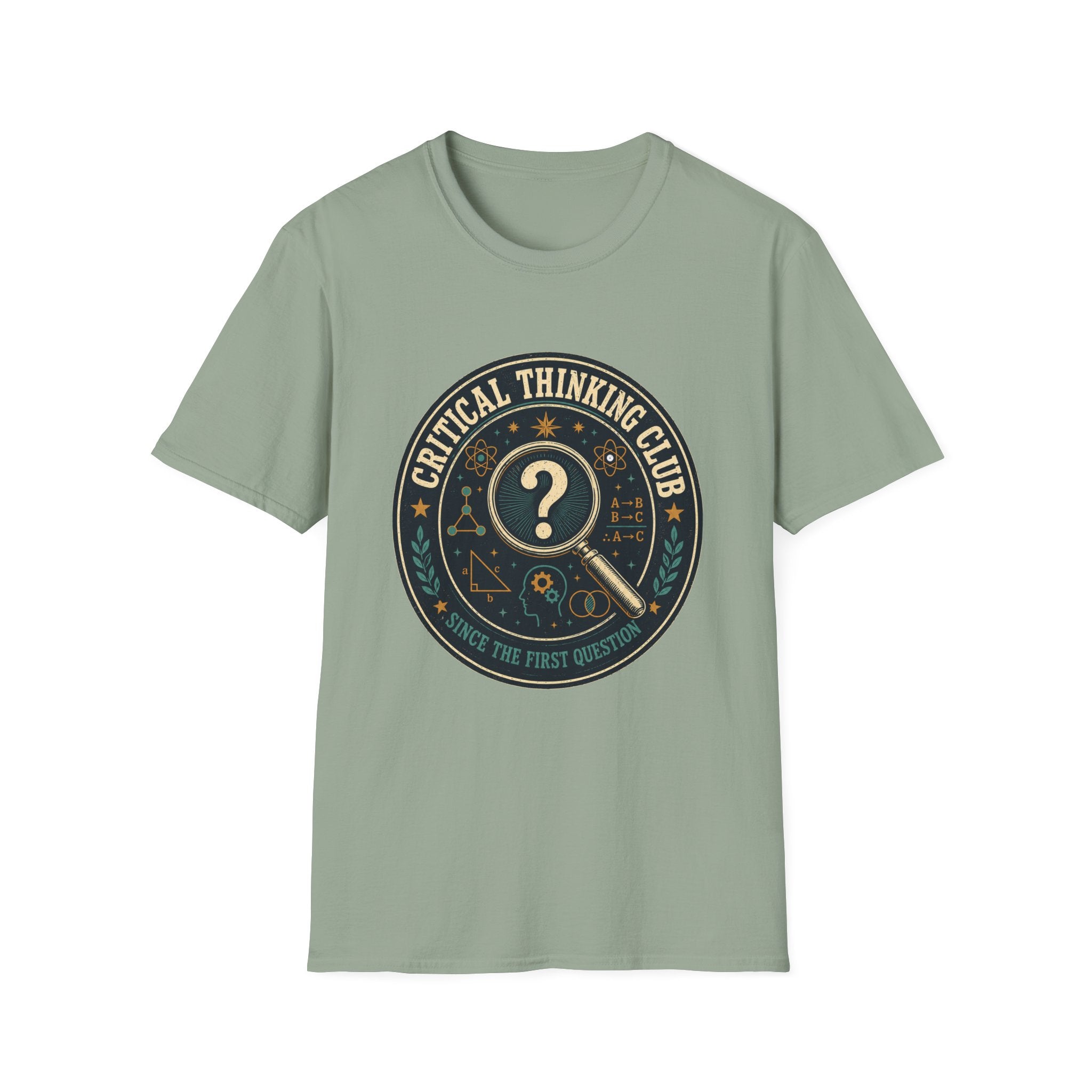 Critical Thinking Club T-Shirt – Vintage Magnifying Glass Design (Since The First Question)