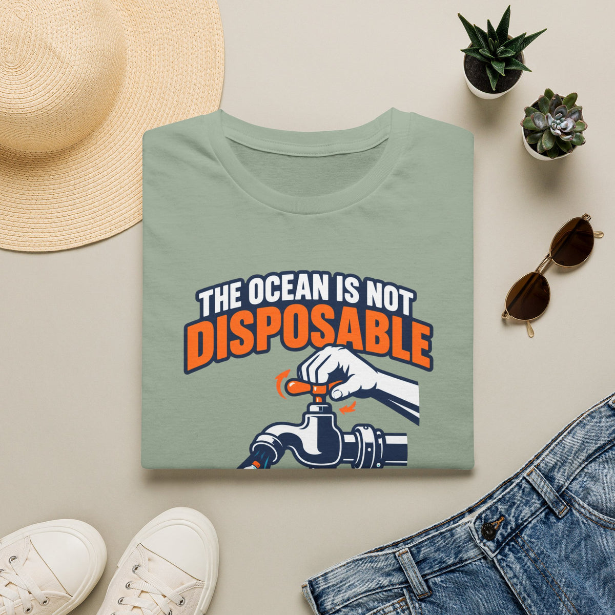 Ocean Conservation T-Shirt — "The Ocean Is Not Disposable" Plastic Tap Graphic