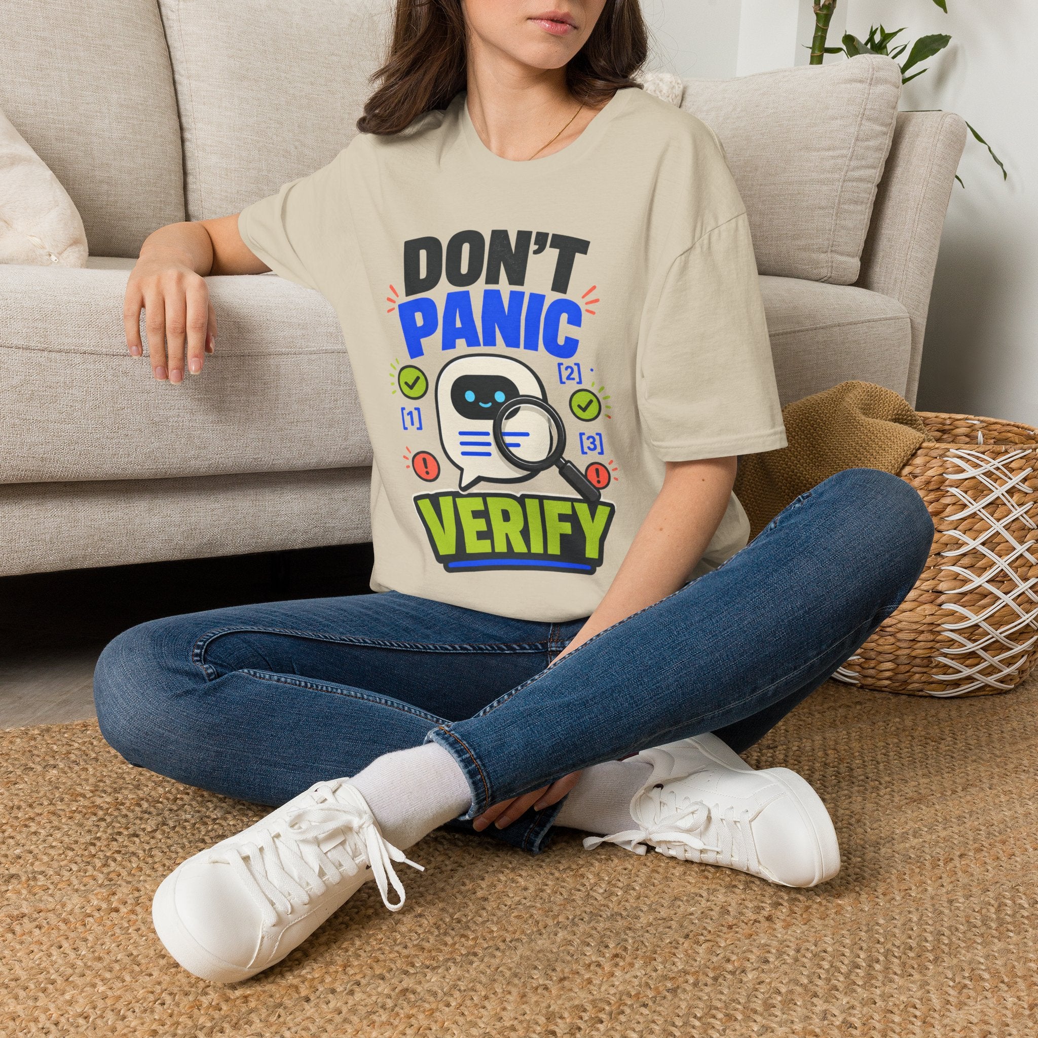 Don't Panic Verify T‑Shirt — Cute Robot Security Humor Tee for Techies