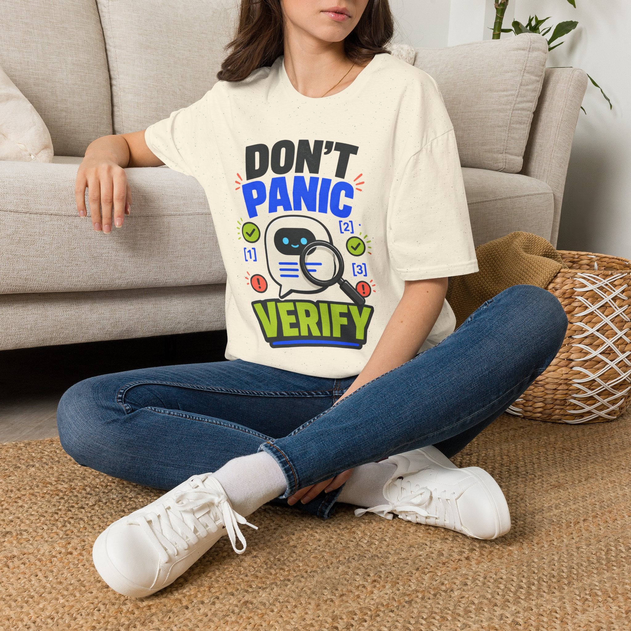 Don't Panic Verify T‑Shirt — Cute Robot Security Humor Tee for Techies
