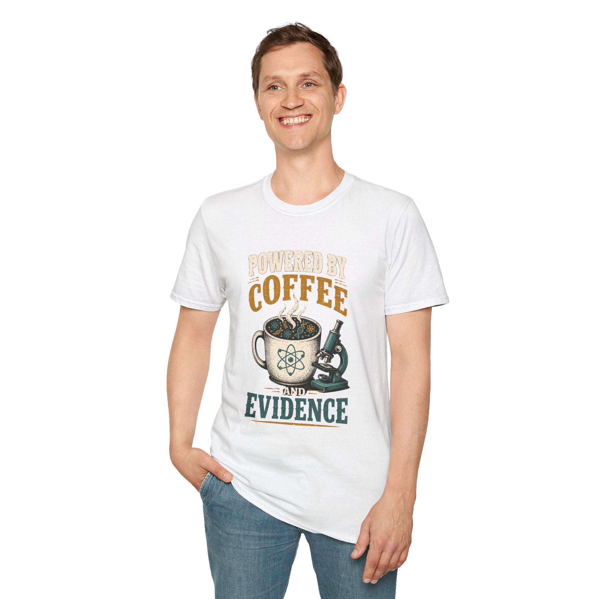 Coffee T-Shirt — "Powered by Coffee & Evidence" Retro Science Mug Design