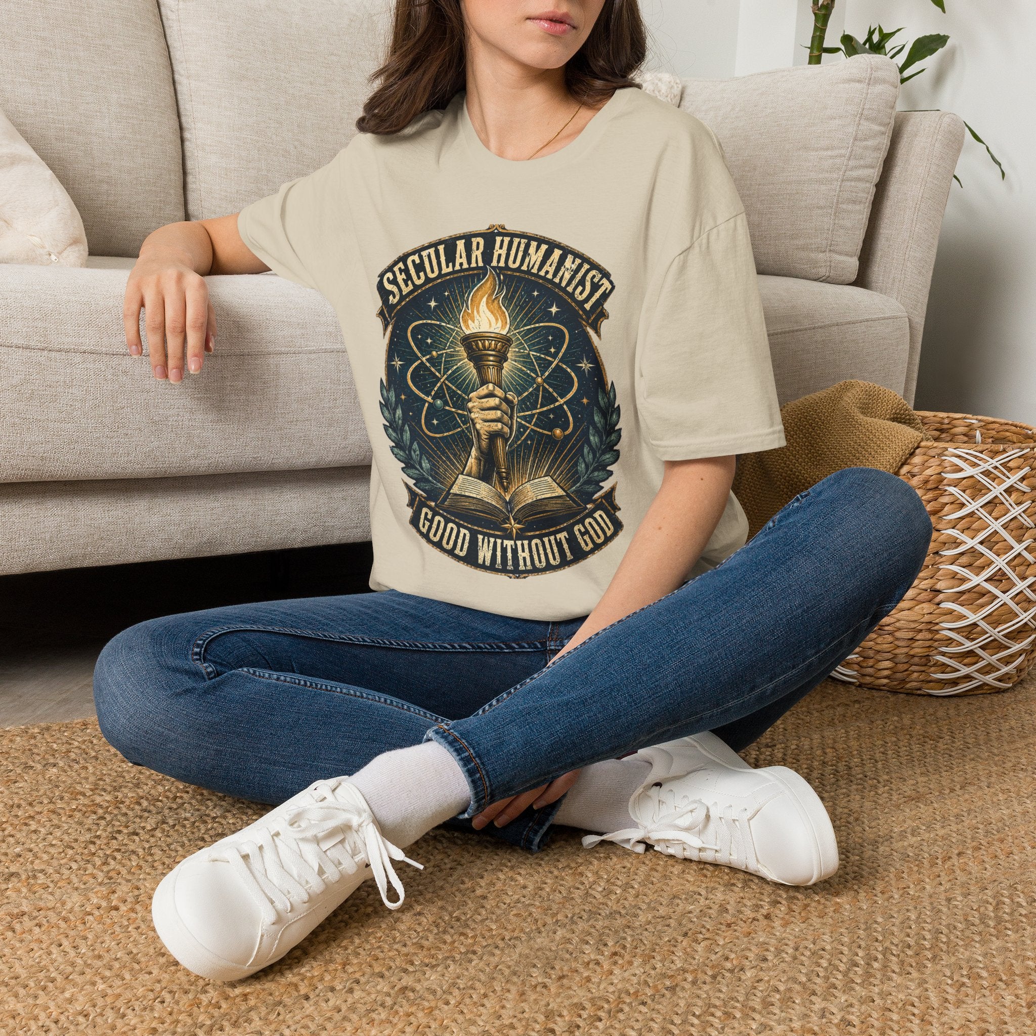 Secular Humanist T-Shirt — "Good Without God" Torch Graphic