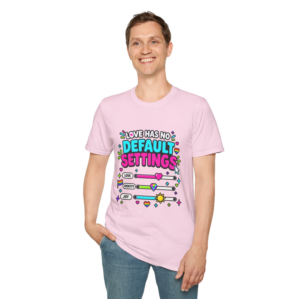 "Love Has No Default Settings" Bright LGBTQ+ Pride Graphic Tee