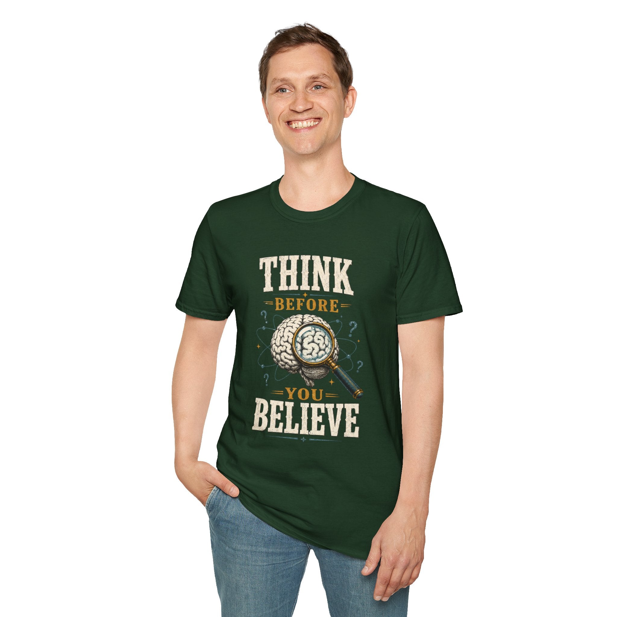 Think Before You Believe T-Shirt — Vintage Brain Graphic Tee