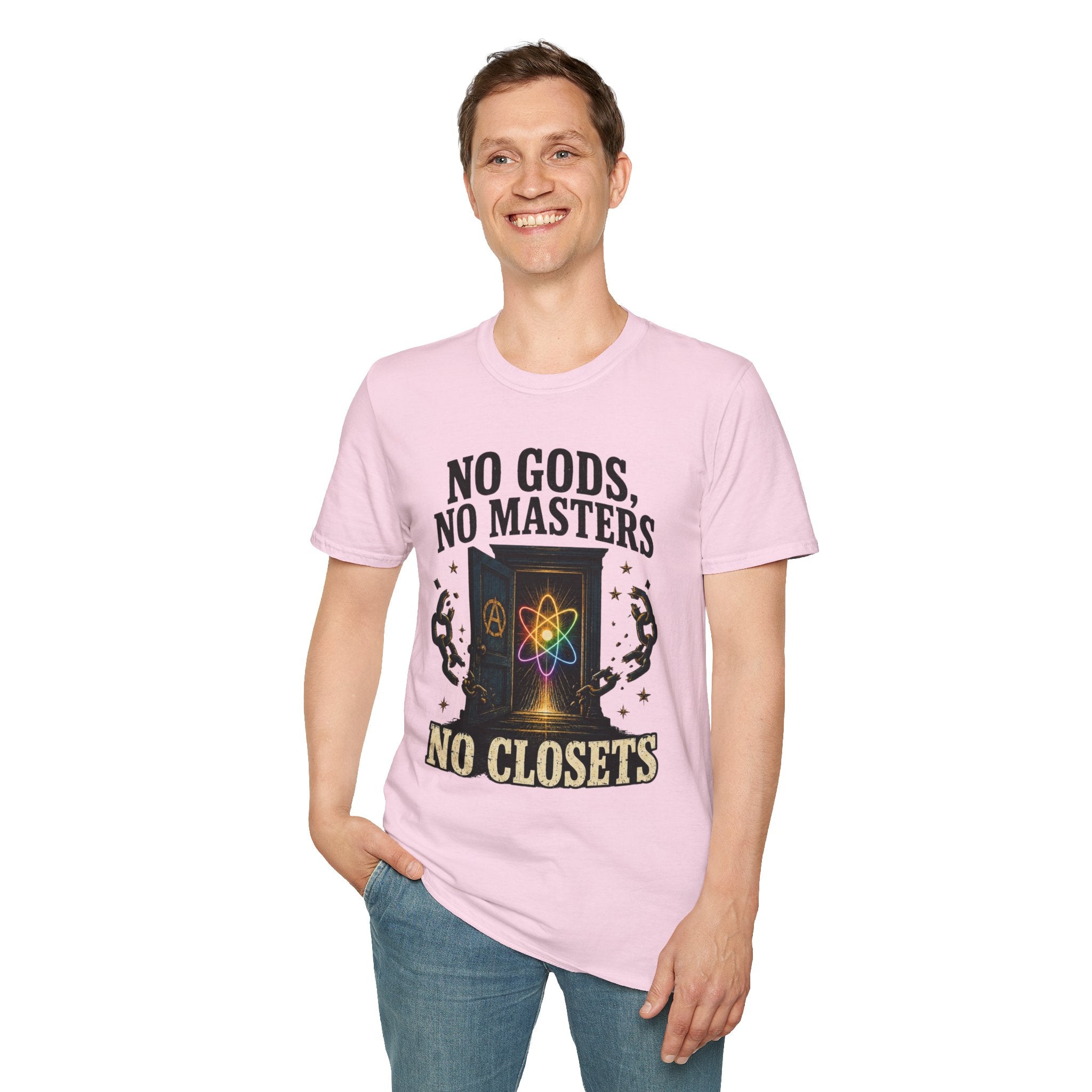 "No Gods, No Masters, No Closets" Atheist & LGBTQ+ Pride Graphic Tee