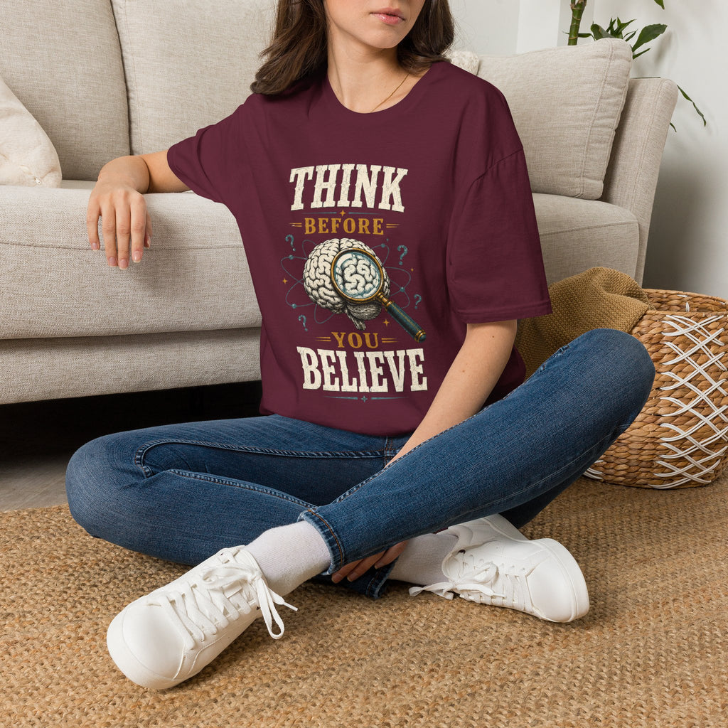 Think Before You Believe T-Shirt — Vintage Brain Graphic Tee