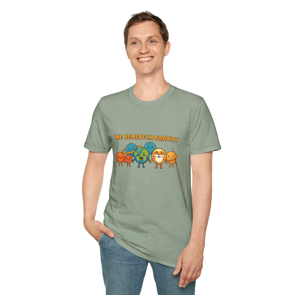 Cute Planetary Cartoon "We Believe in Gravity" Tee