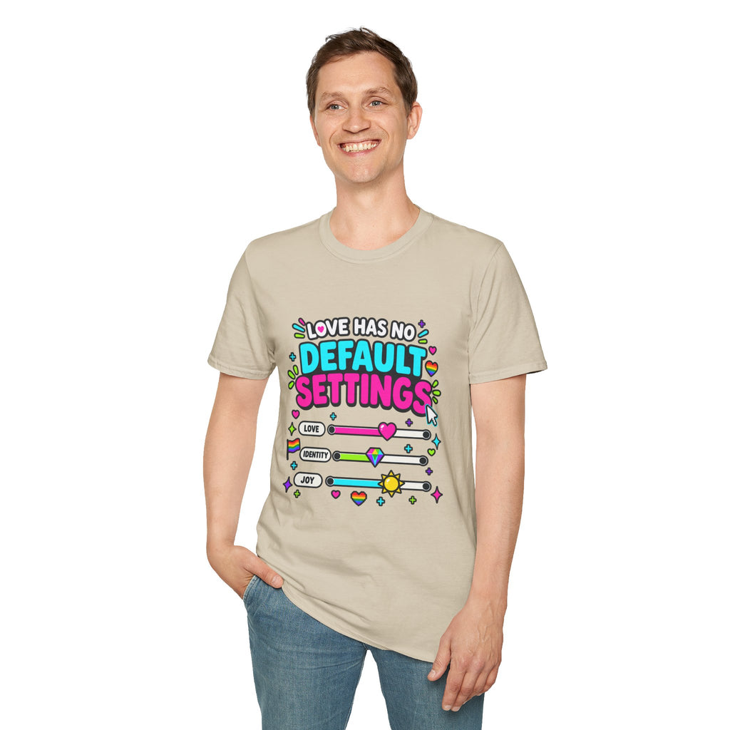 "Love Has No Default Settings" Bright LGBTQ+ Pride Graphic Tee