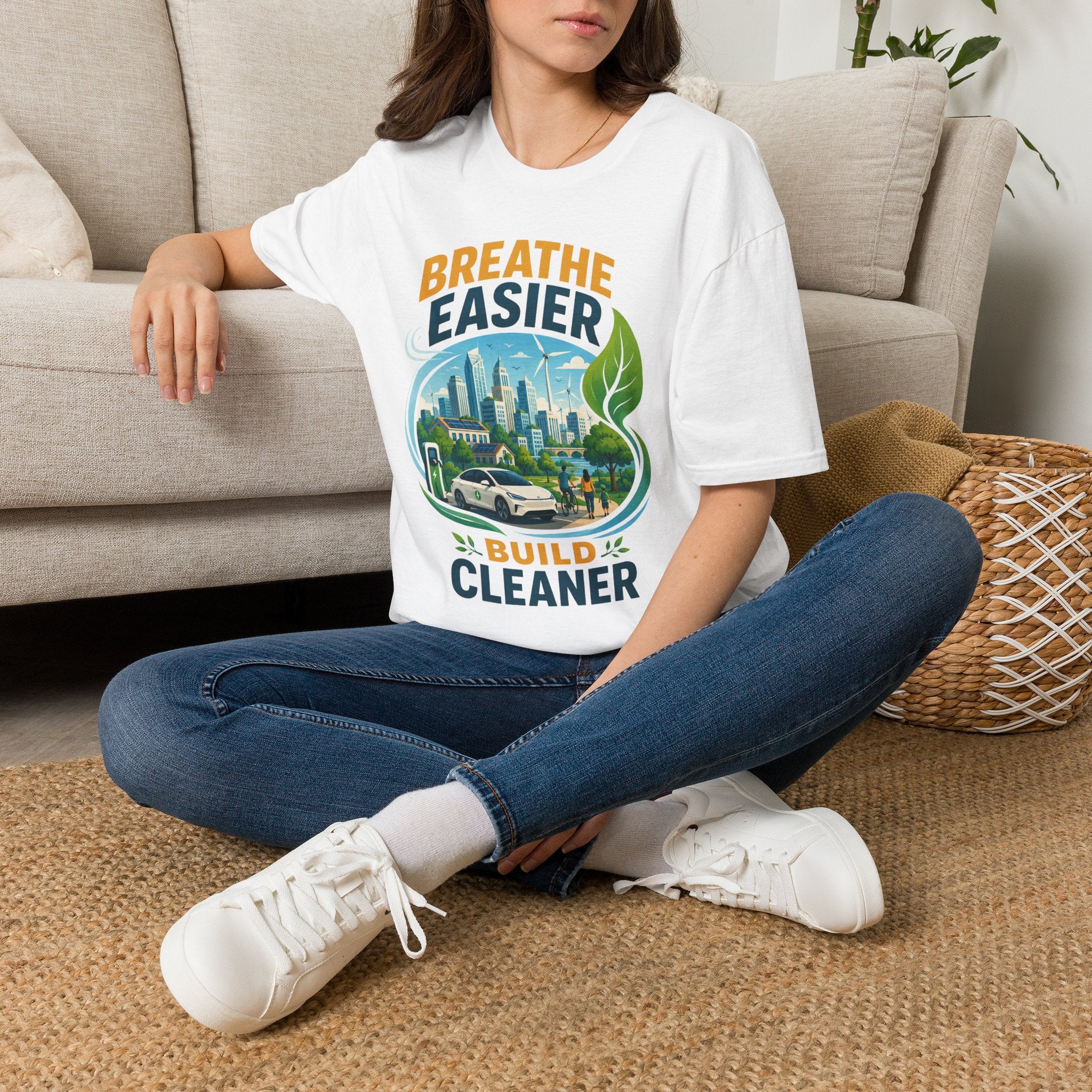 "Breathe Easier, Build Cleaner" Eco City Graphic