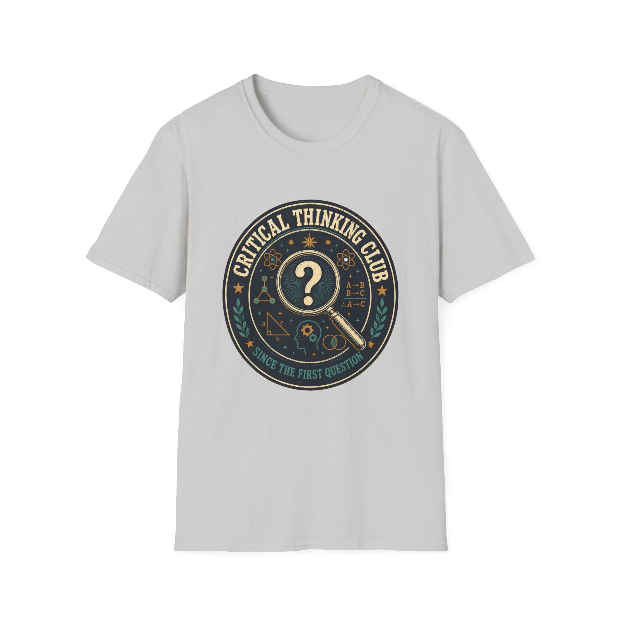 Critical Thinking Club T-Shirt – Vintage Magnifying Glass Design (Since The First Question)