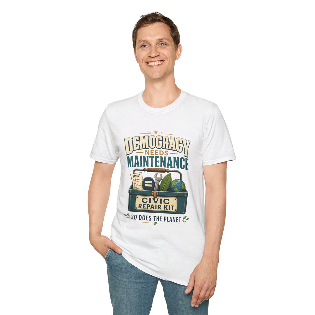 Democracy Needs Maintenance T-Shirt — Civic Repair Kit Tee