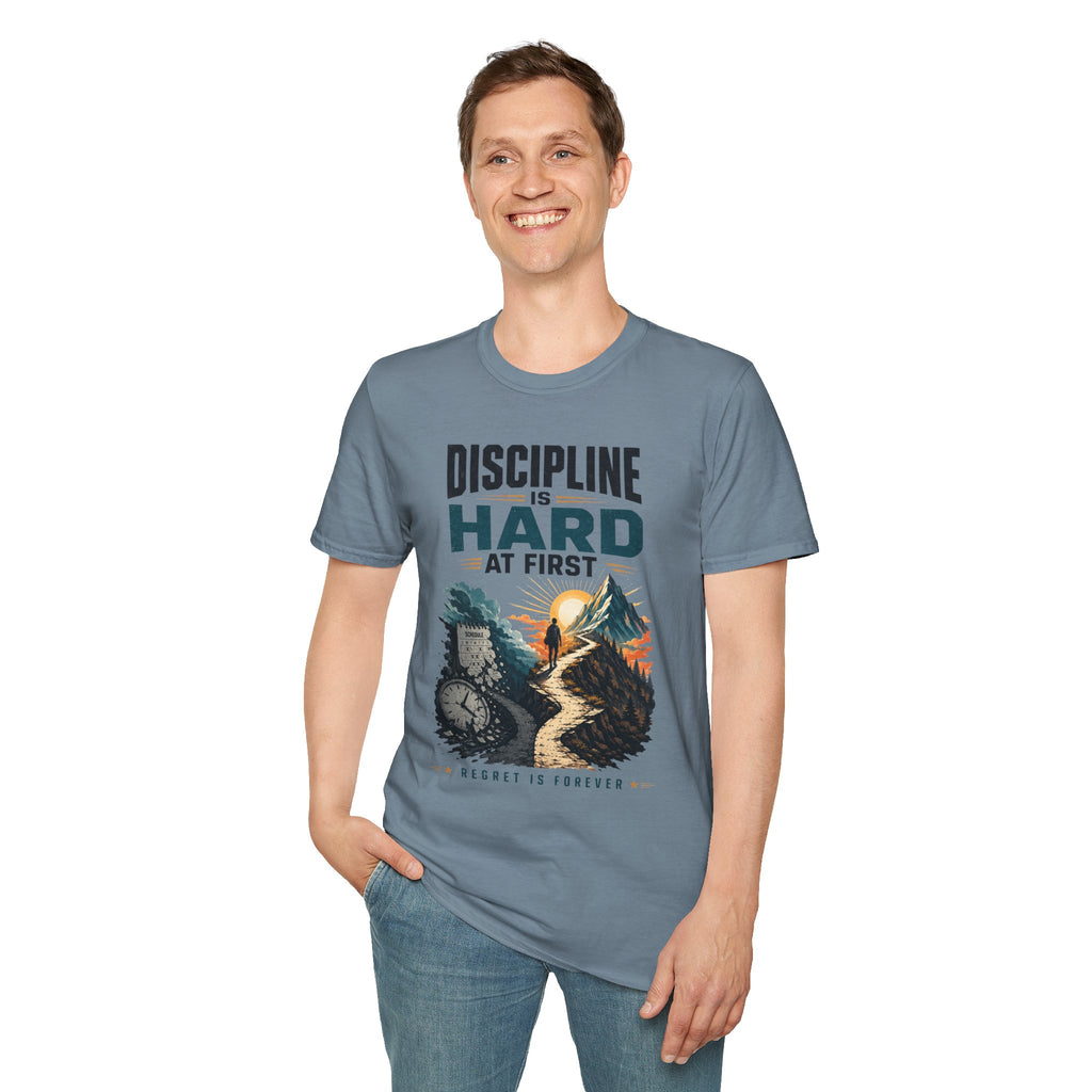 T-Shirt — "Discipline Is Hard at First" Motivational Graphic Tee