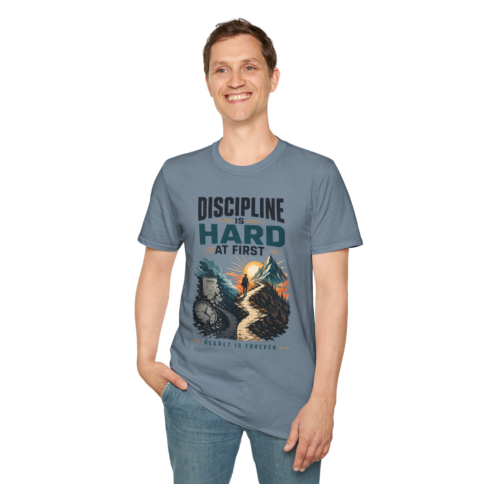 T-Shirt — "Discipline Is Hard at First" Motivational Graphic Tee