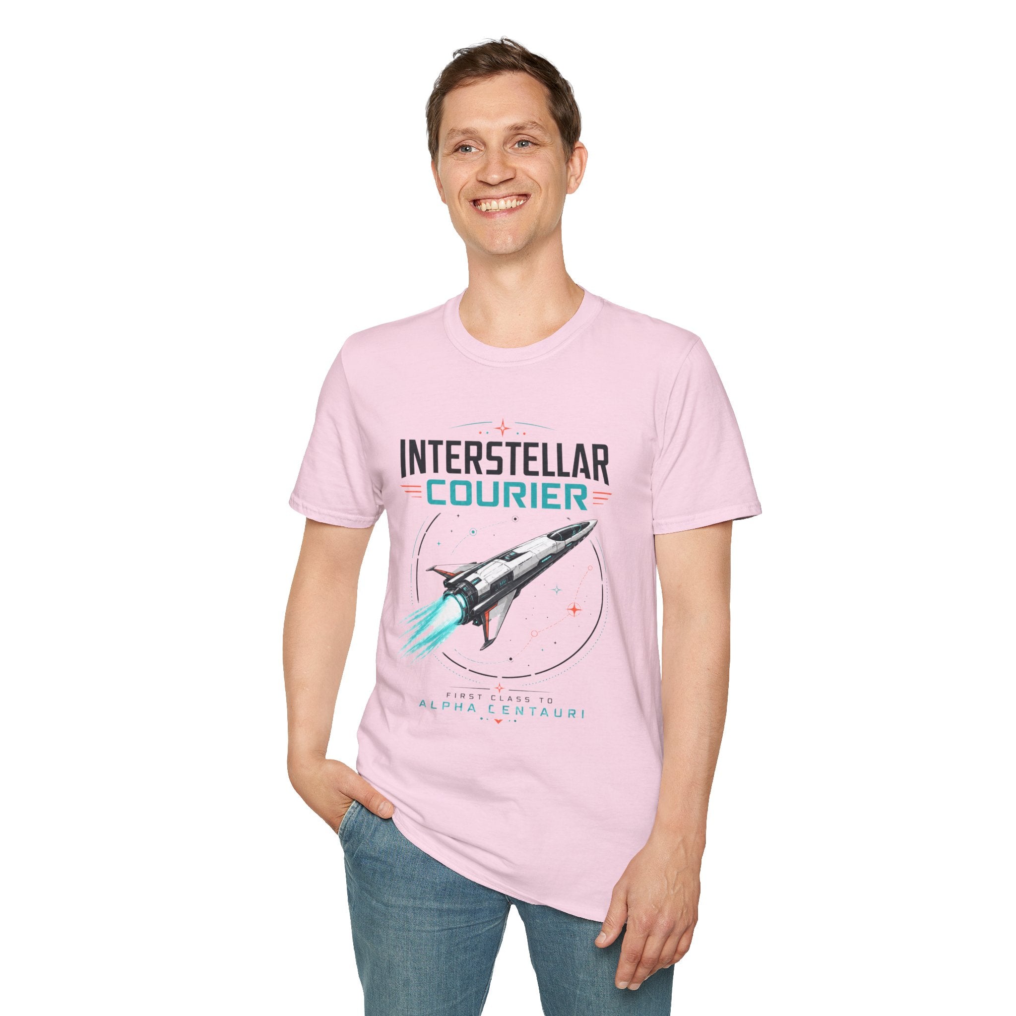 Interstellar Courier T‑Shirt — Retro Space Rocket Tee for Sci‑Fi Fans