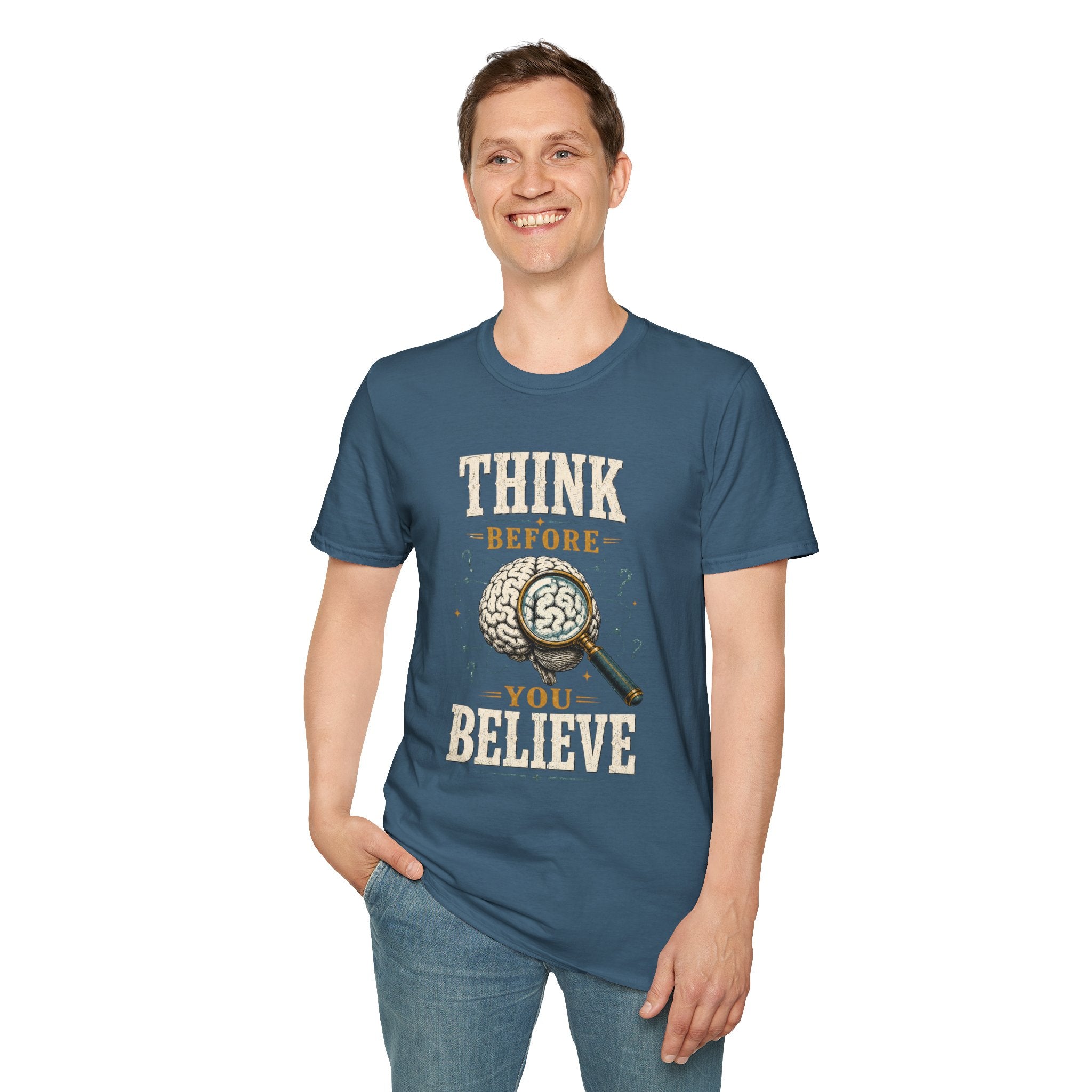 Think Before You Believe T-Shirt — Vintage Brain Graphic Tee