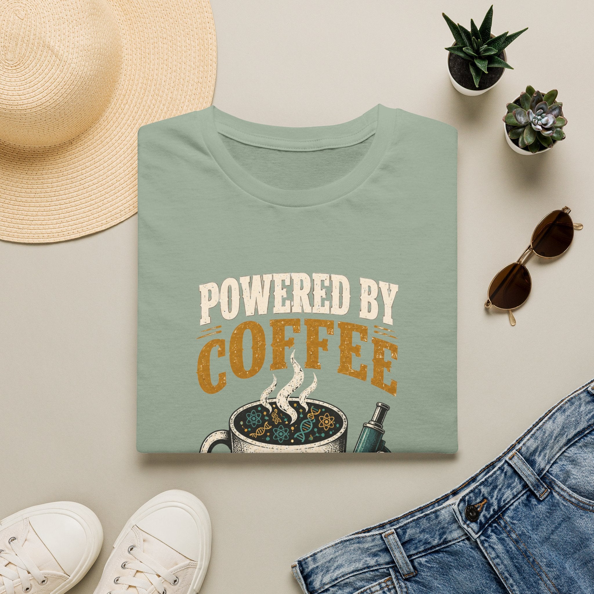 Coffee T-Shirt — "Powered by Coffee & Evidence" Retro Science Mug Design