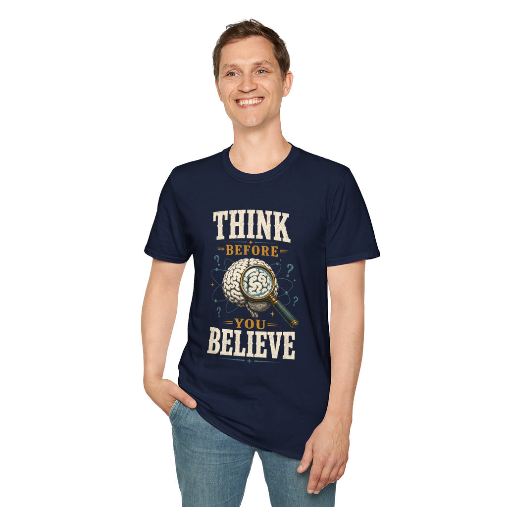 Think Before You Believe T-Shirt — Vintage Brain Graphic Tee