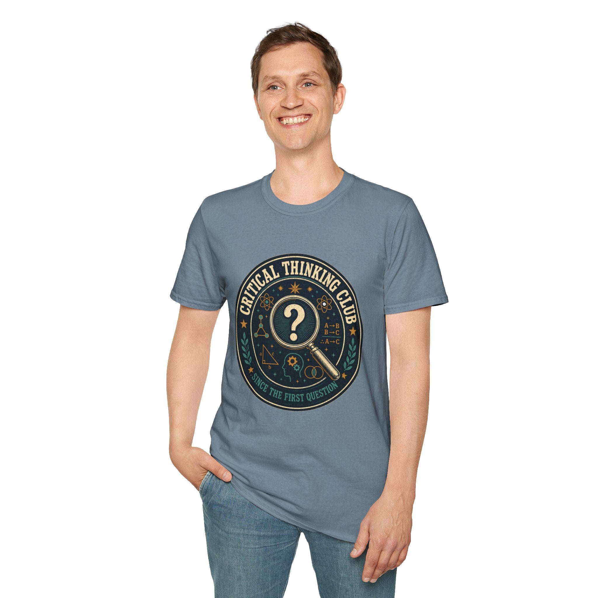 Critical Thinking Club T-Shirt – Vintage Magnifying Glass Design (Since The First Question)
