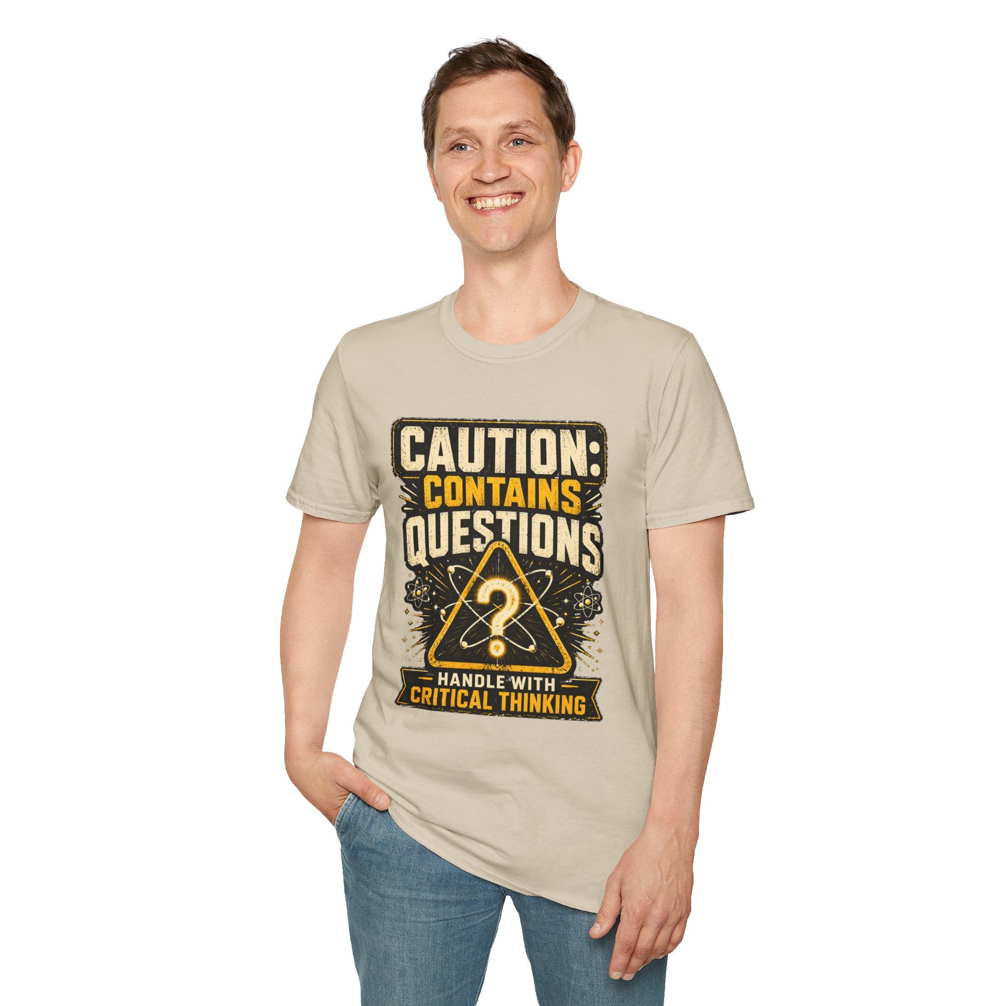 Caution: Contains Questions T-Shirt — Handle With Critical Thinking Graphic Tee