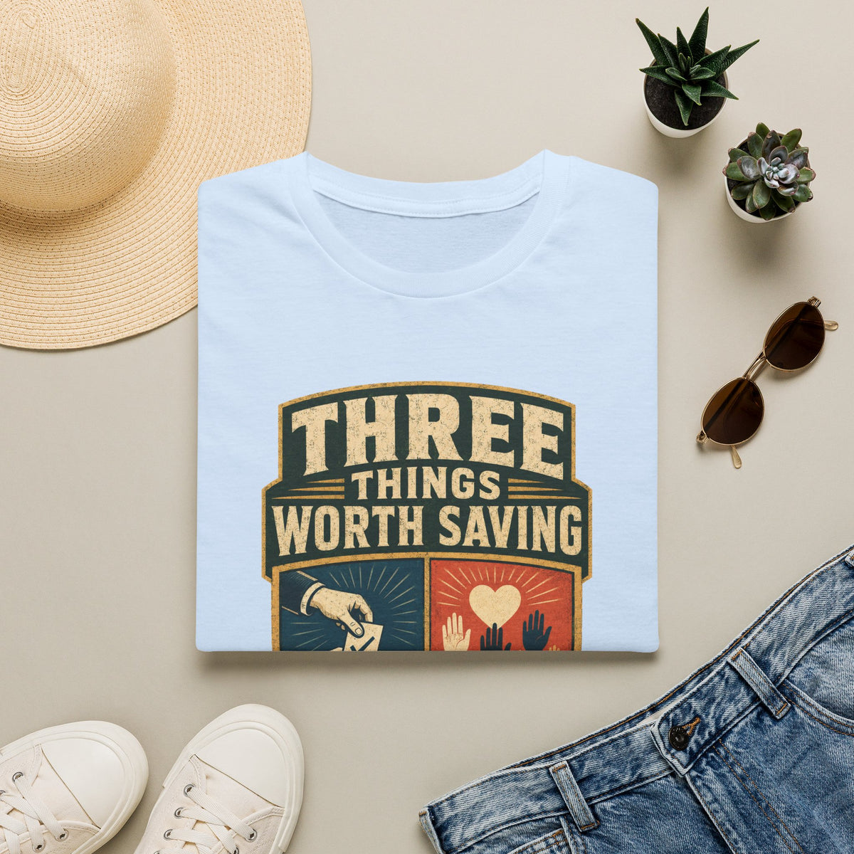 Three Things Worth Saving T‑Shirt — Vintage Rescue, Family & Values Graphic Tee