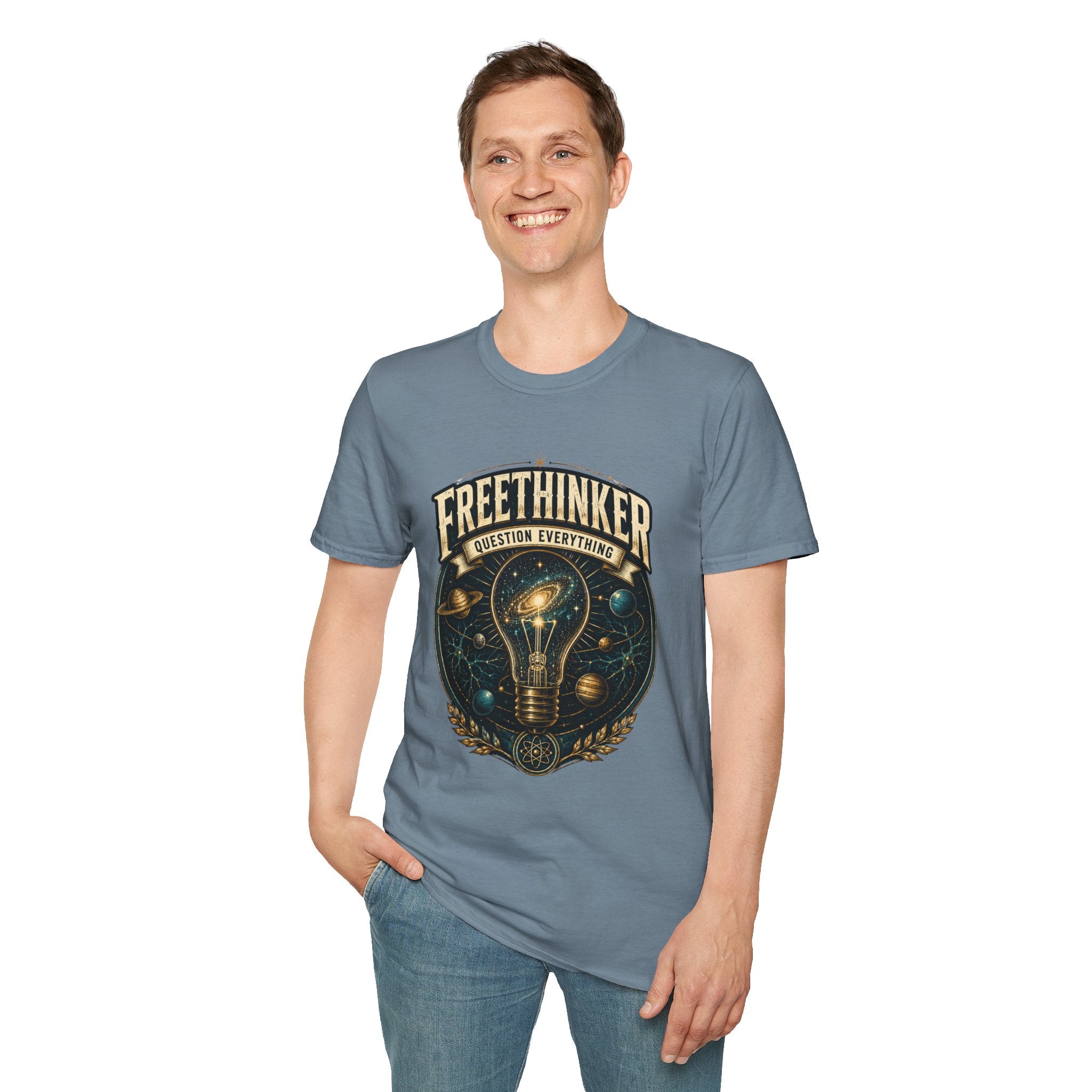 Freethinker Graphic T-Shirt — "Question Everything" Lightbulb Design
